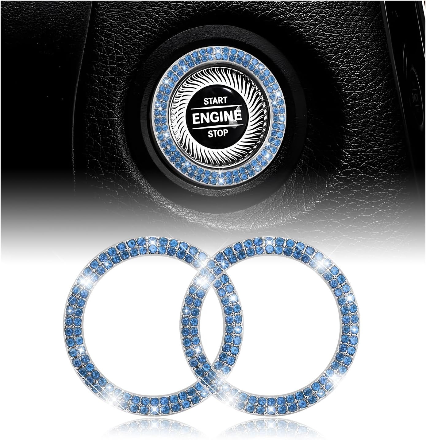 2PCS Bling Car Engine Start Stop Decoration Ring, Crystal Double Rhinestone Ring