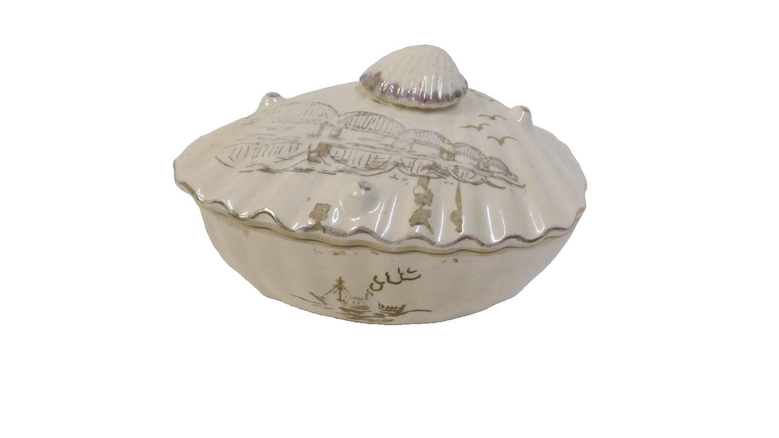 Vintage Shell Shaped Lidded Box - Bridge Ship Seagulls