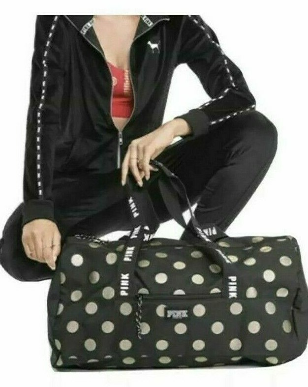 Victoria's Secret VS Pink Black Gold Polka Dot Duffle Travel Gym Bag