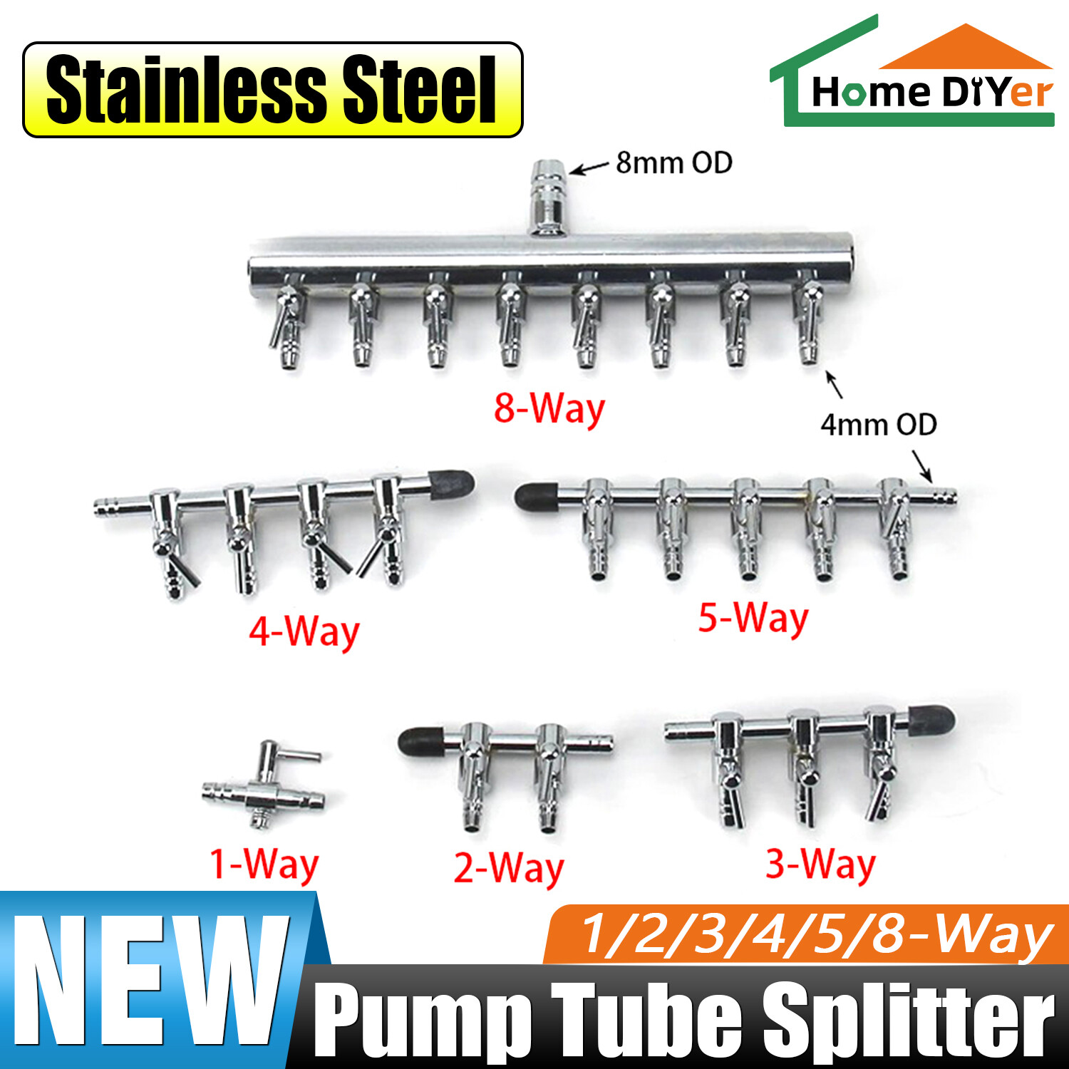Aquarium Air Flow Line Stainless Control Valve Pump Tube Splitter 1 Way to 8 Way
