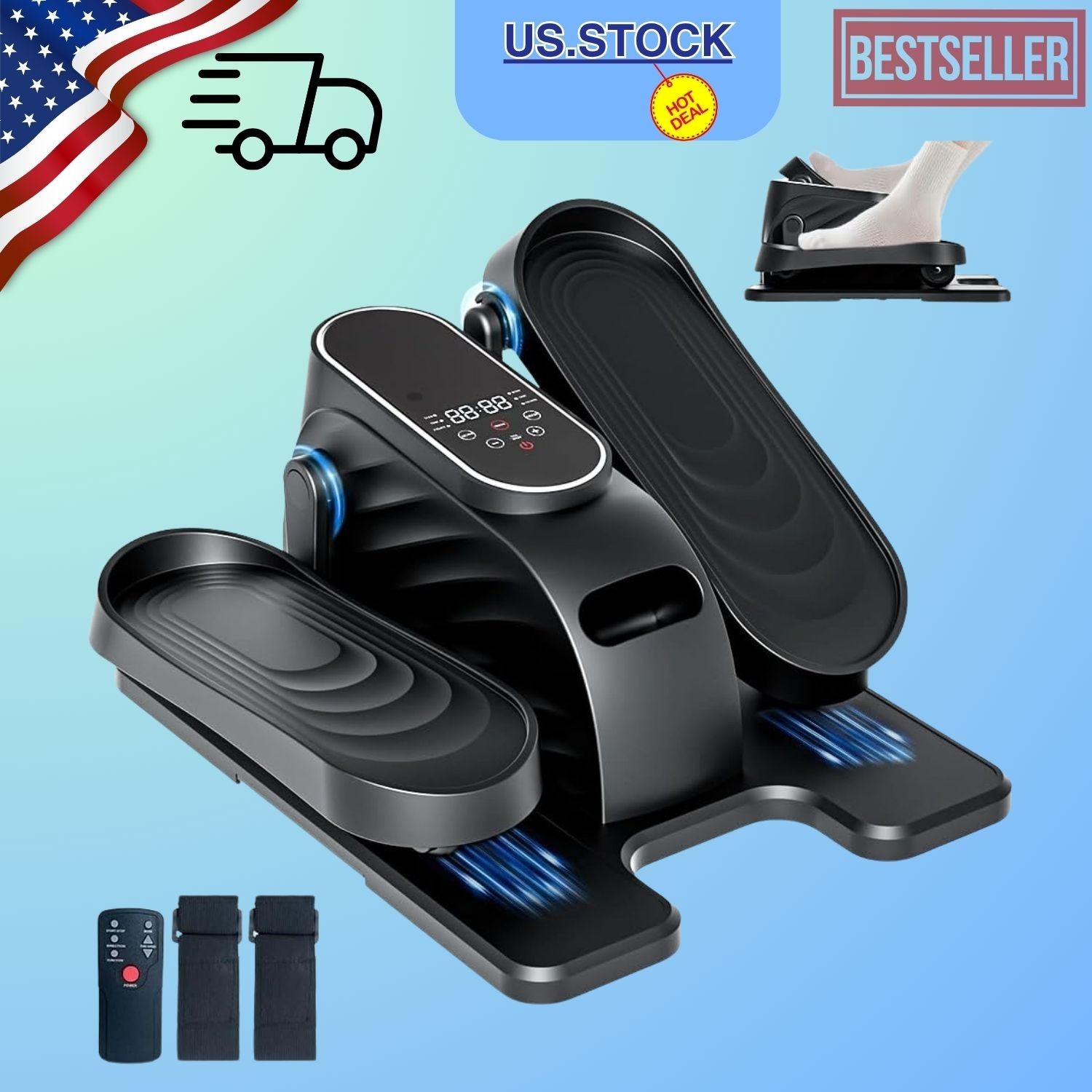 Under Desk Elliptical Pedal Exerciser 15-Speed Remote Forward Reverse Home Use