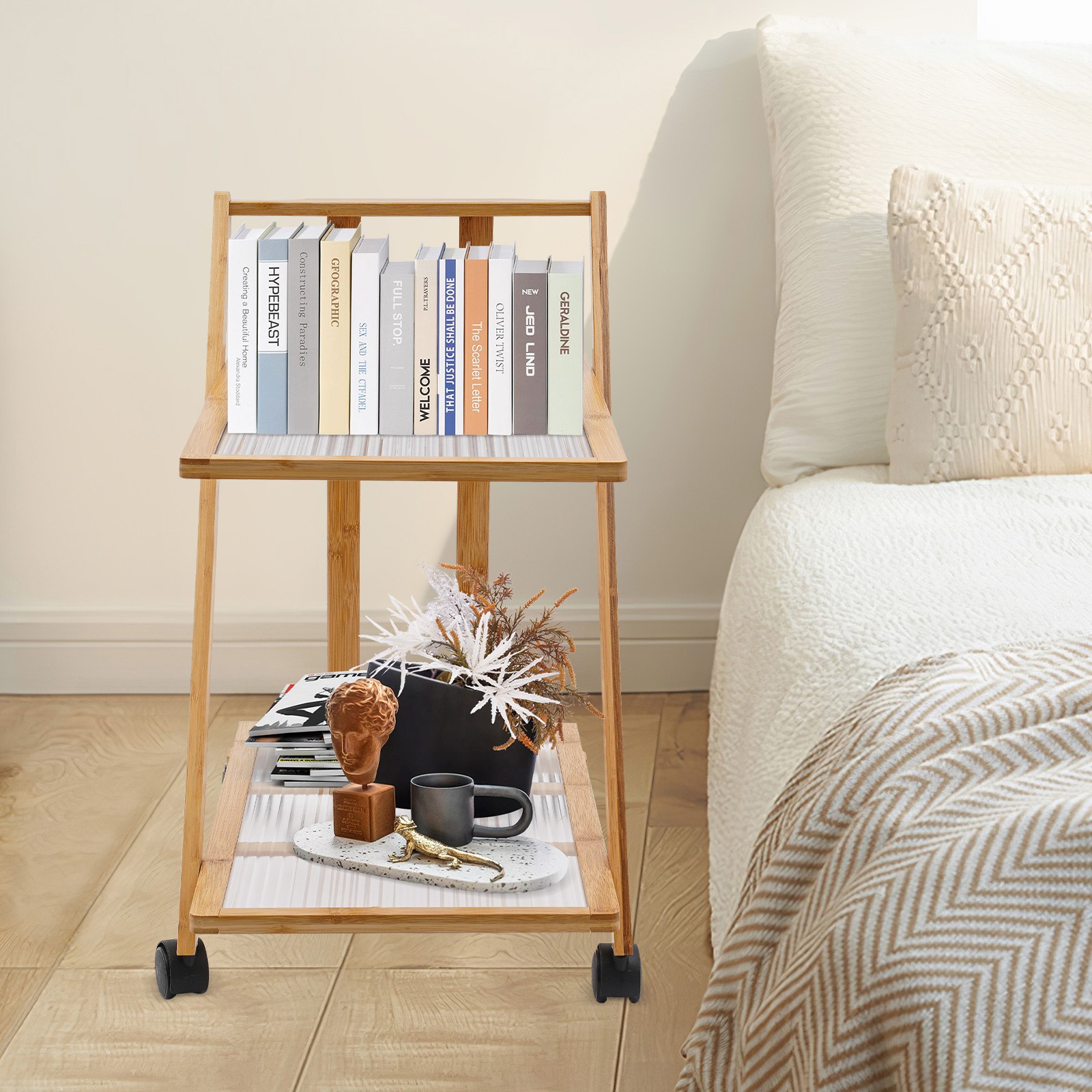 2 Tiers Bamboo Storage Rack, Floor Standing Storage Stand, Foldable Storage Rack