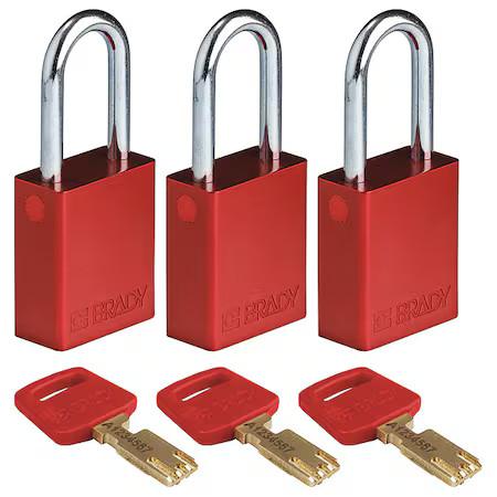 Brady Alu-Red-38St-Ka3pk Lockout Padlock, Keyed Alike, Aluminum, Red, 1 1/2 In