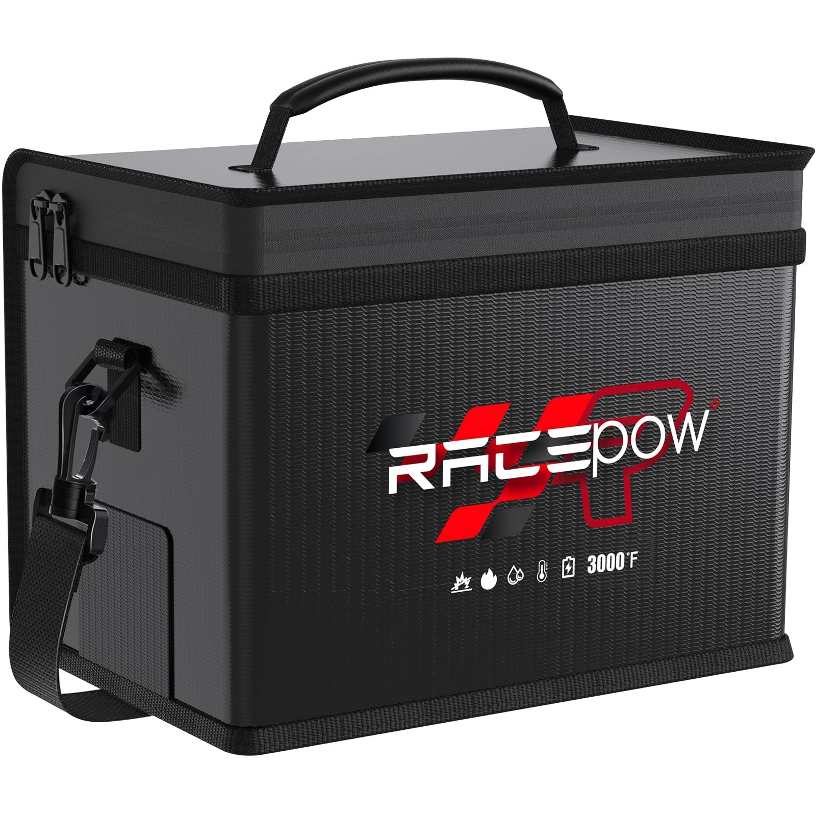 RACEPOW Lipo Battery Safe Bag - Fireproof 21.5 x 16.5 x 14.5 cm, Black