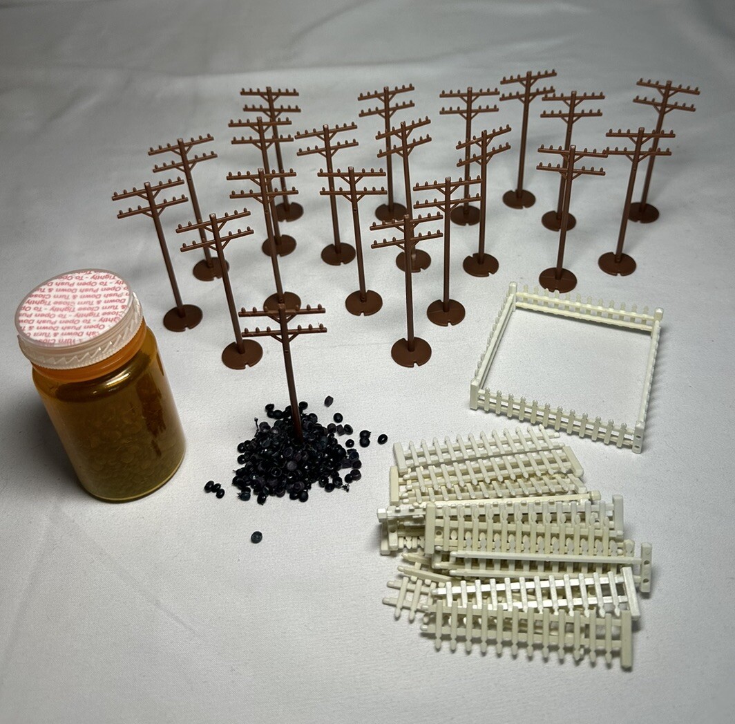 Lot of miniatures 3” Telephone poles 20~ Picket Fences 24~ Faux Rocks