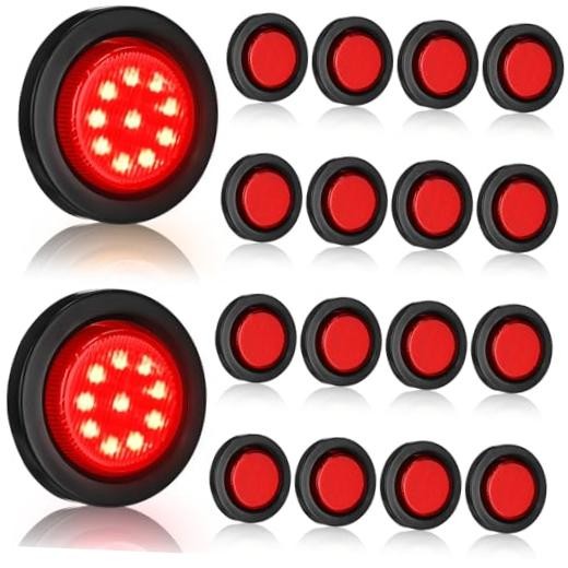 16 Pcs 2 Inch LED Trailer Marker Lights, 10 LED Round Side Clearance Lamps Red