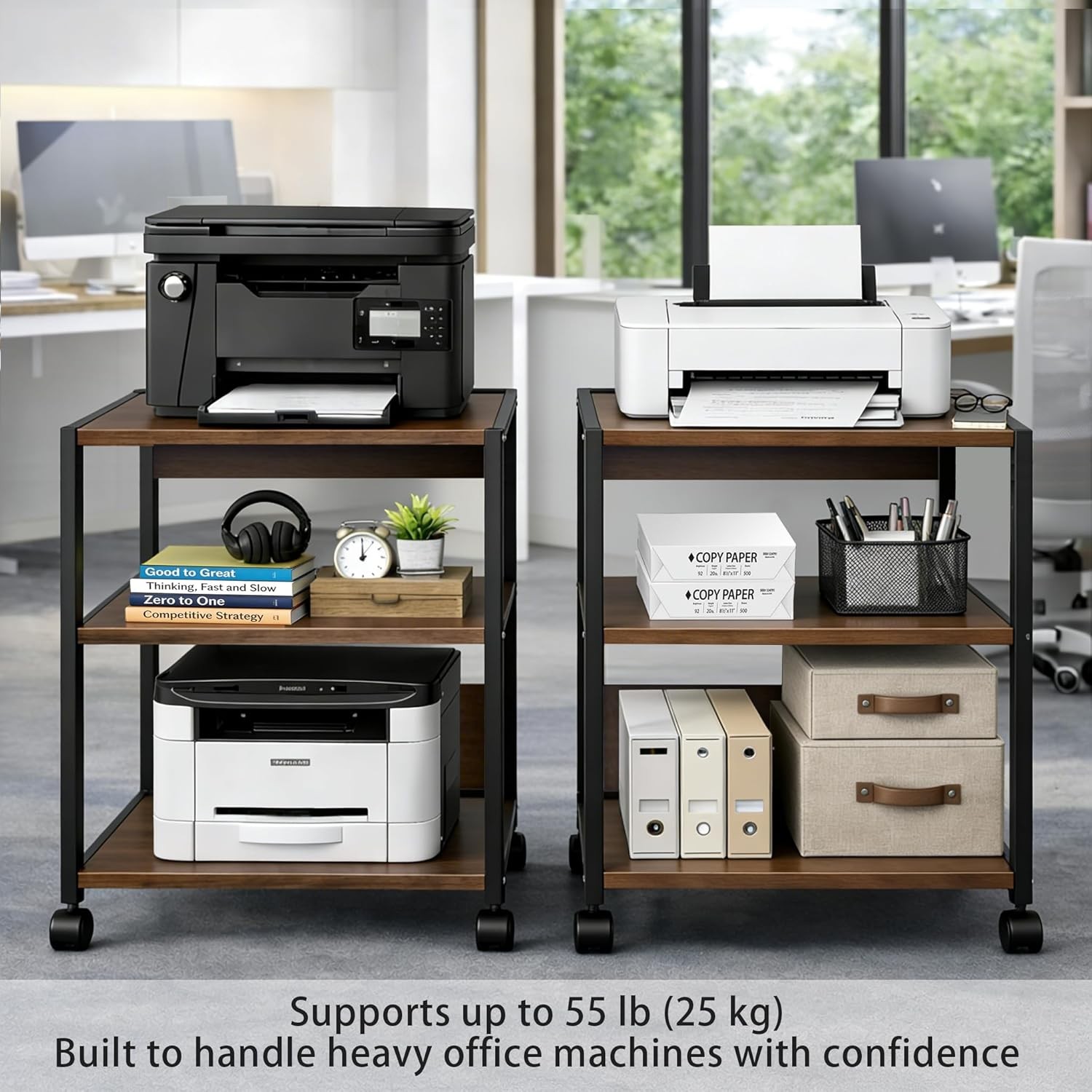 3-Tier Printer Stand W/ Storage Adjustable Shelves Lockable Wheels Stable Steel