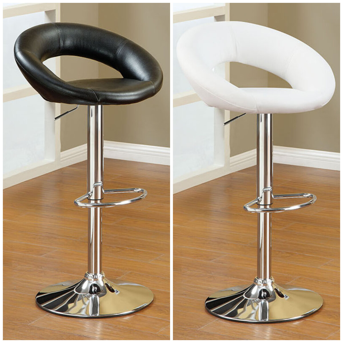 Black / White Faux Leather Round Shape Adjustable Bar Stool with Back (Set of 2)