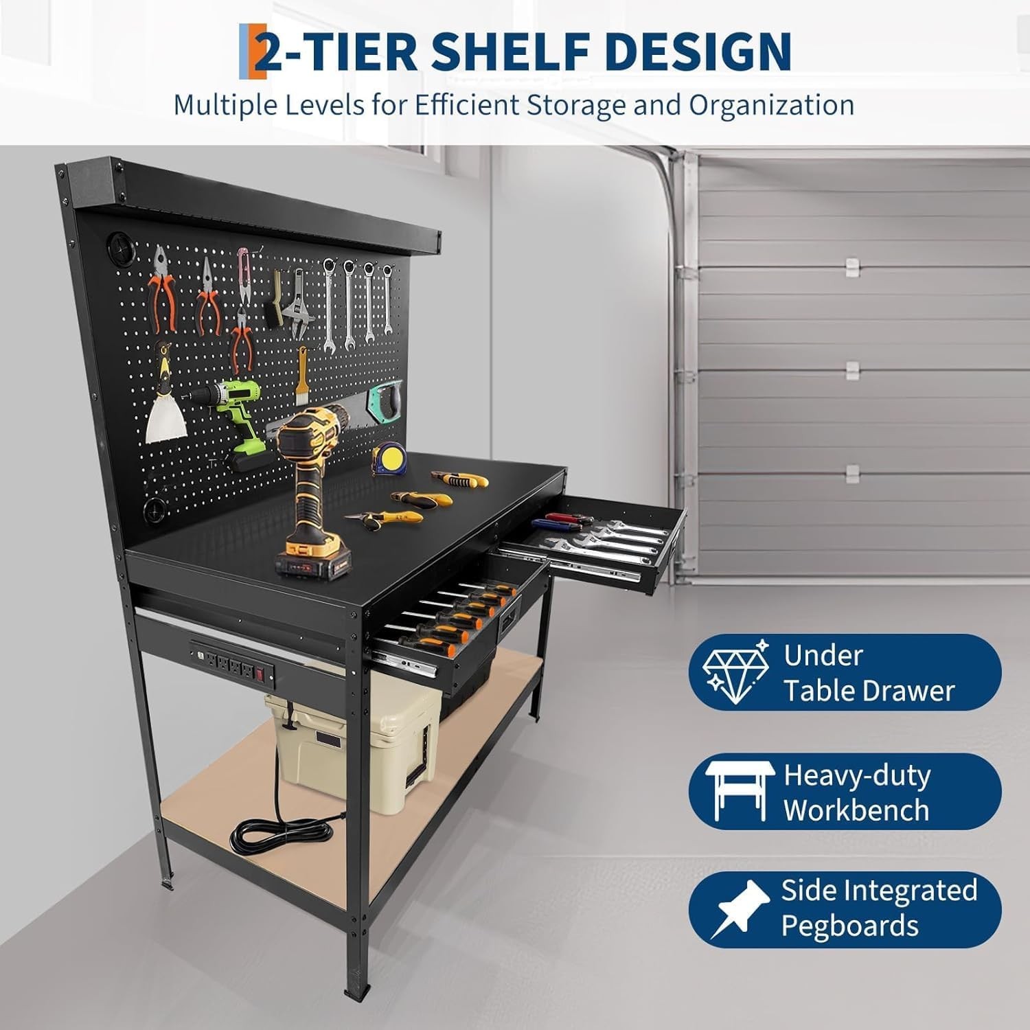 48" Work Bench&Pegboard,Drawer,Power Outlet Metal Tool Table for Garage/Workshop