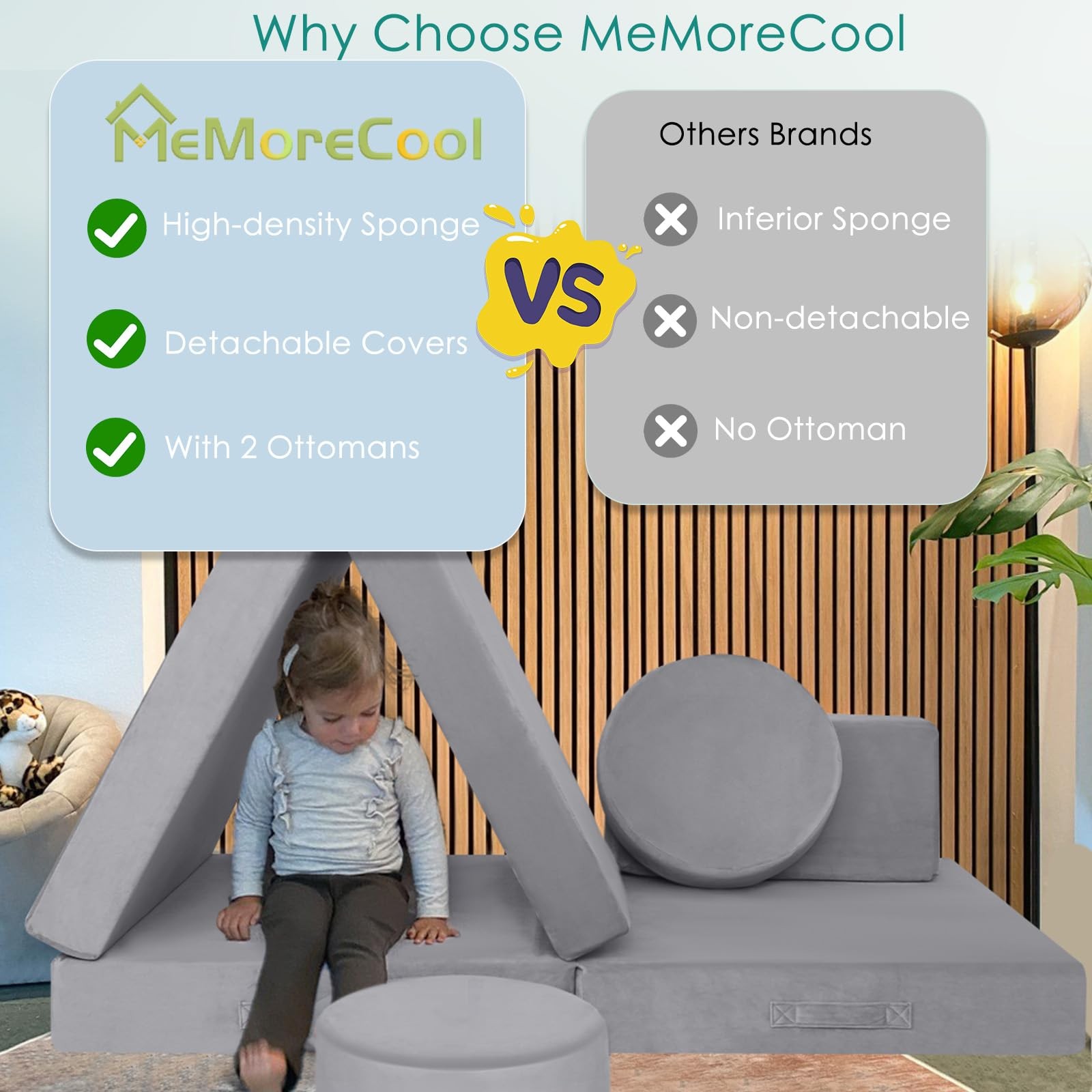 Modular Play Couch, 8-Piece Convertible Couch Set in Grey, Foam Fort Builder ...