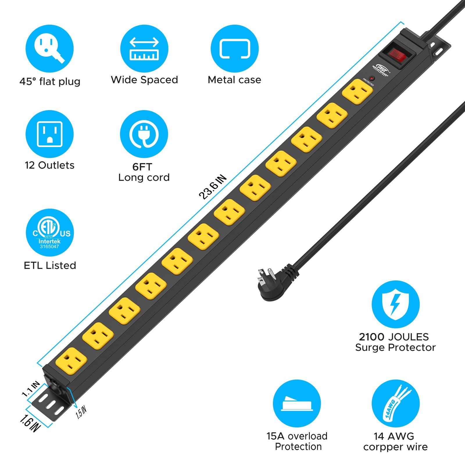 8-12 Outlet Metal Power Strip 2100J Heavy Duty Surge Protector   with 6ft 14AWG