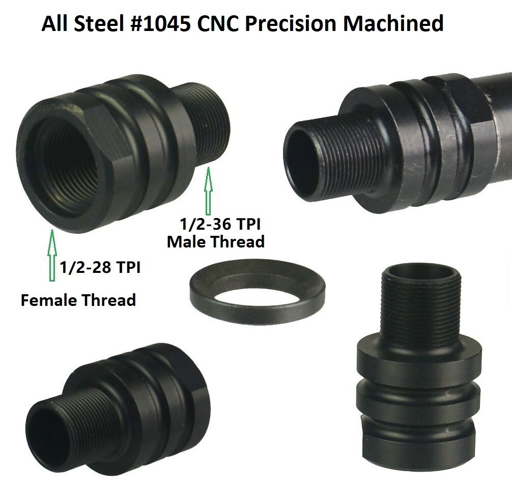 Steel 1/2x28 TPI Female Convert to 1/2x36 TPI Male Muzzle Brake Adapter W Washer