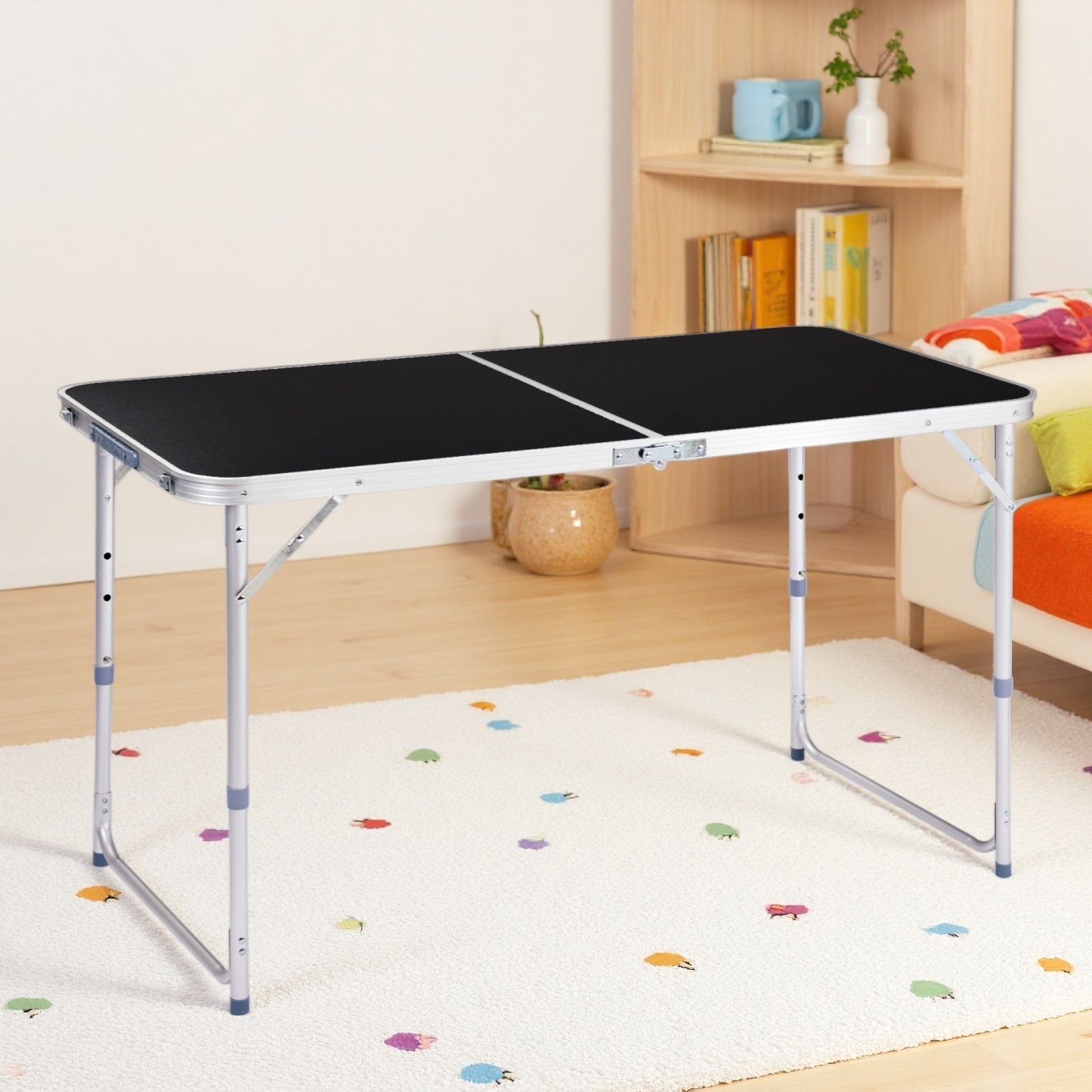 Folding Camping Table 4ft - Adjustable Patio Aluminum Frame Outdoor Picnic Black