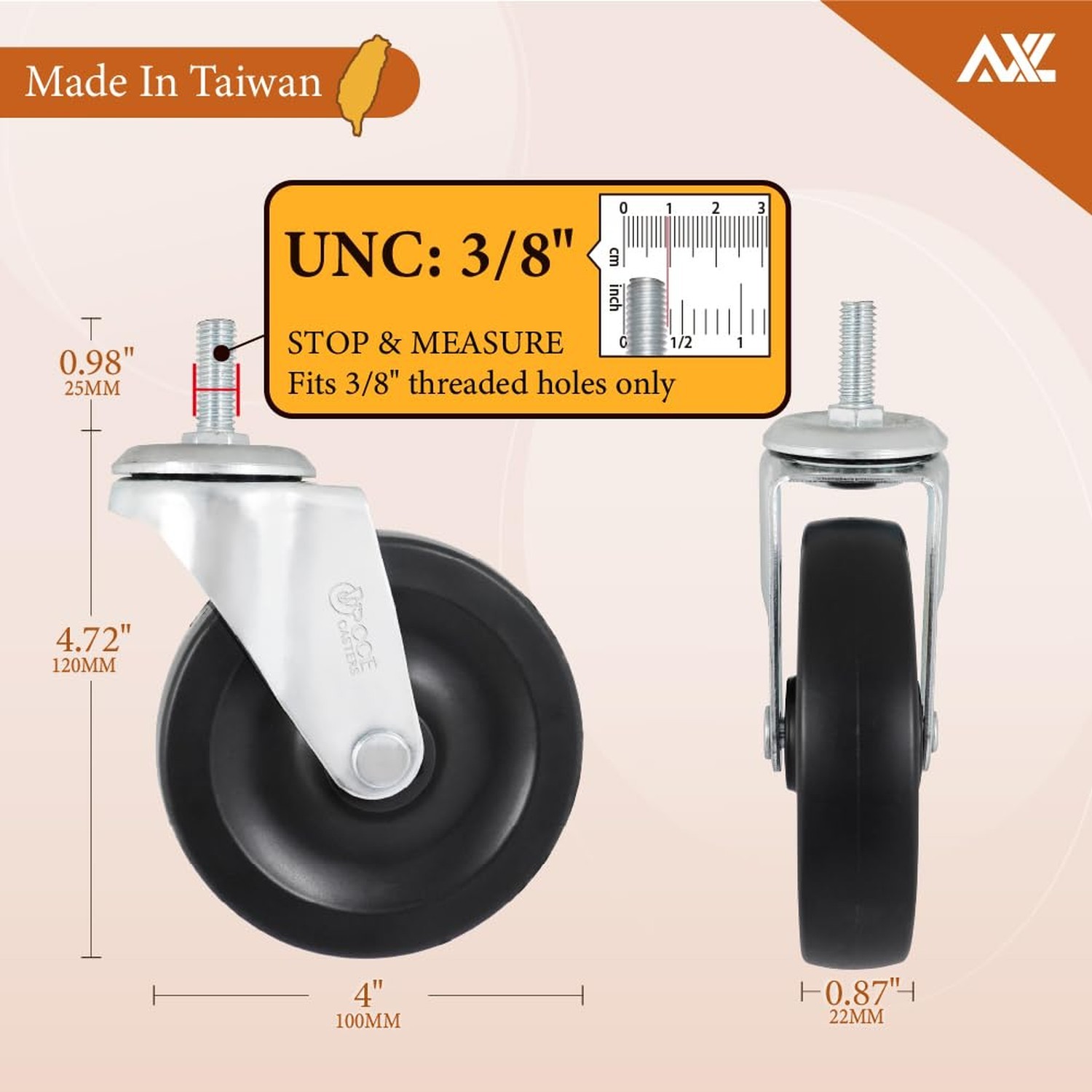 4 Inch Caster Wheels 3/8 Threaded Stem Caster Wheels, Heavy Duty Rubber Indus...