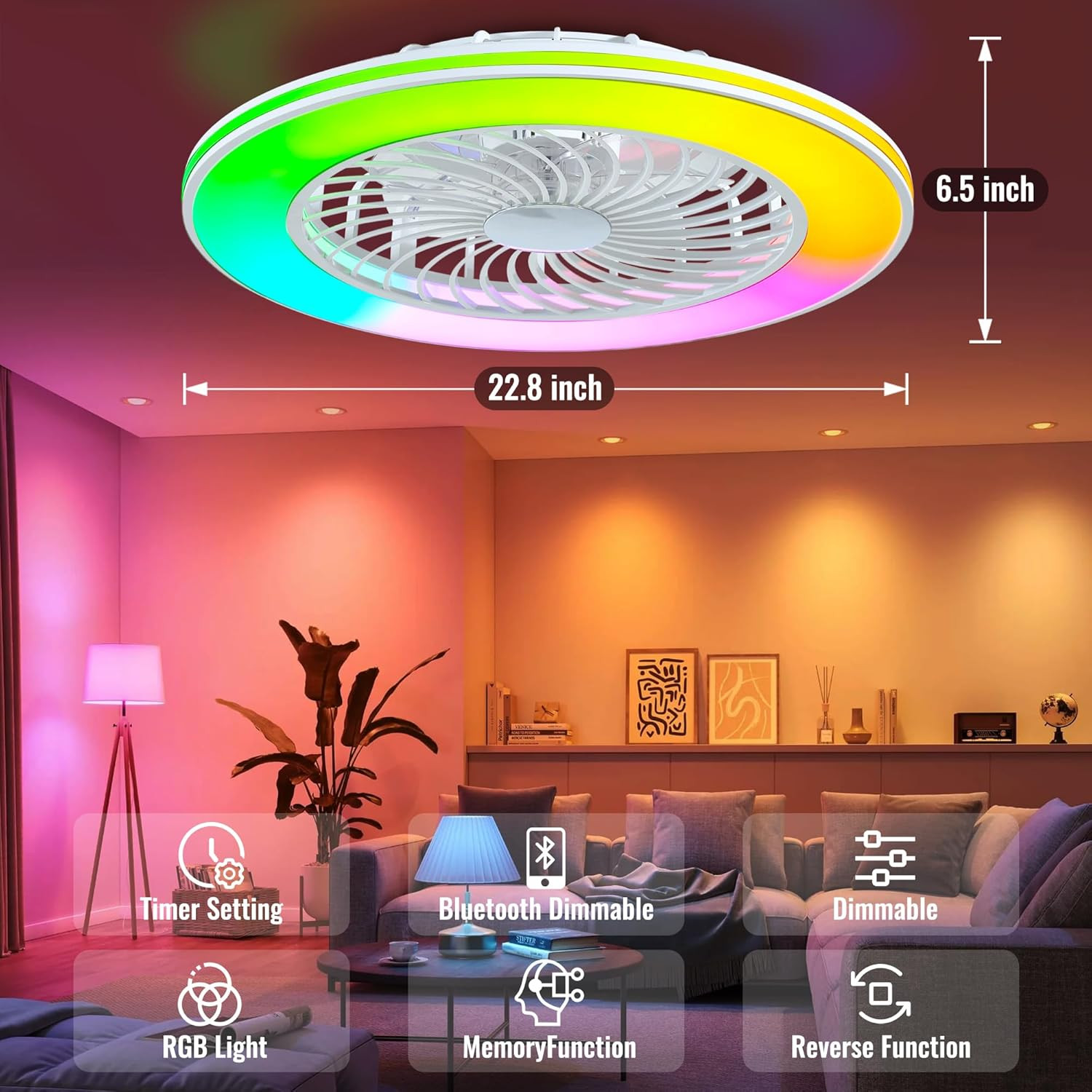 24'' Low Profile Bladeless Ceiling Fans with Lights, Remote/App/Alexa Smart Cont