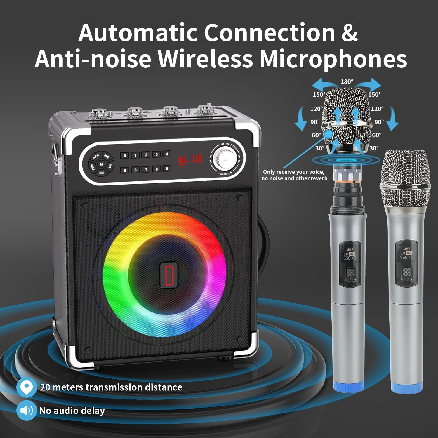 Portable Karaoke Machine with 4 Wireless Mics, Bluetooth Speaker & LED Lights