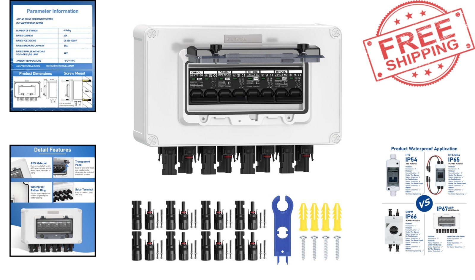 30 Amp Solar Panel Disconnect Switch - 4 String Waterproof Circuit Breaker Box