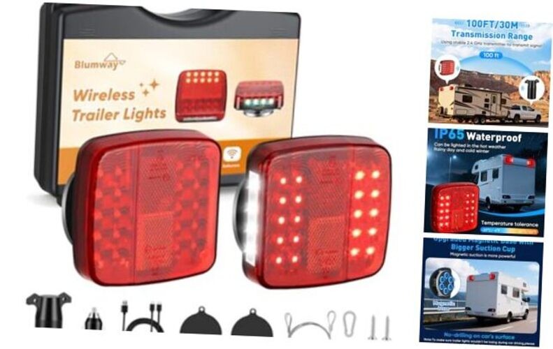 Magnetic Wireless Trailer Lights, Upgraded 2.4GHz Transmitter with 2000mAh Red