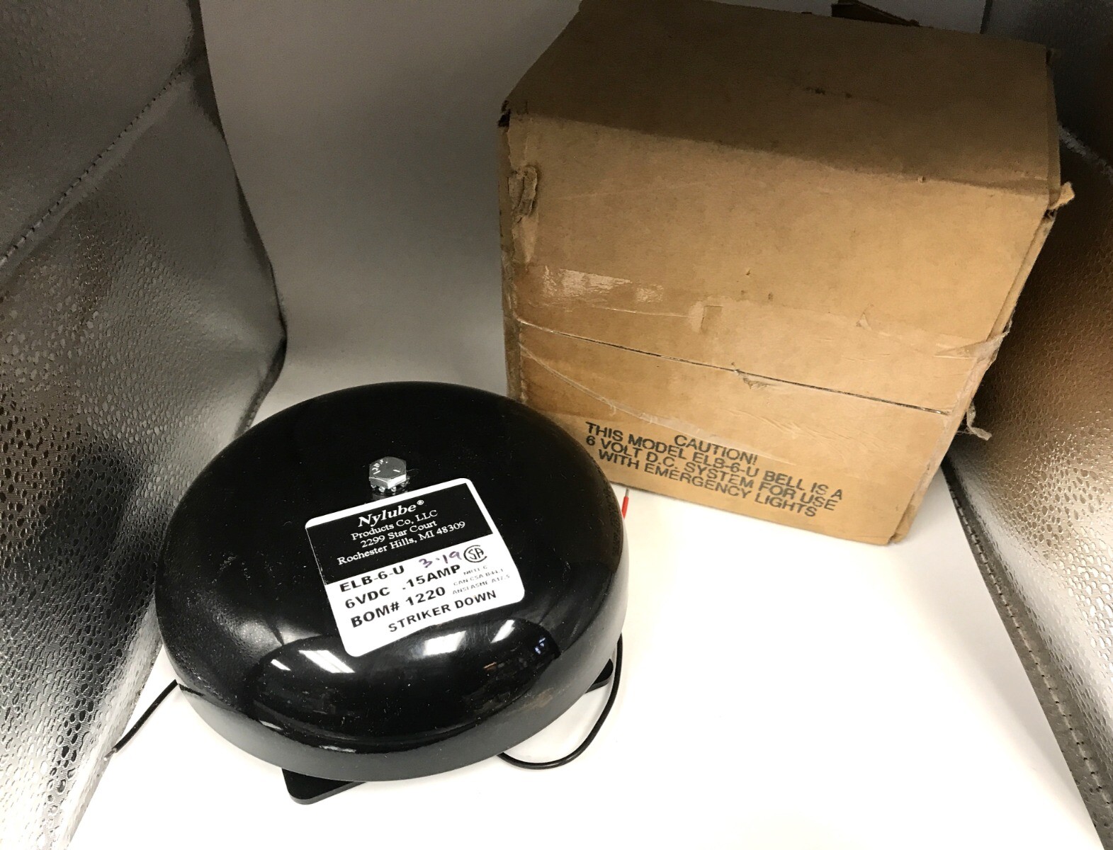 (7) NYLUBE 6" Alarm Bell ELB-6-U, 6VDC 15 AMP Black, Striker Down BOM # 1220 NOS