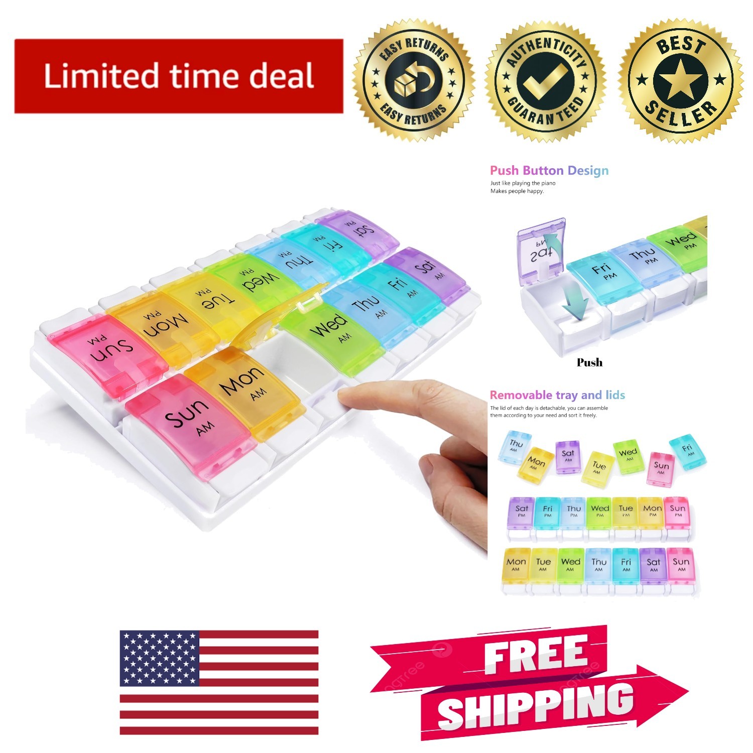 14-Compartment Pill Box - Sturdy, BPA-Free, and Dust-Proof with AM/PM Labels