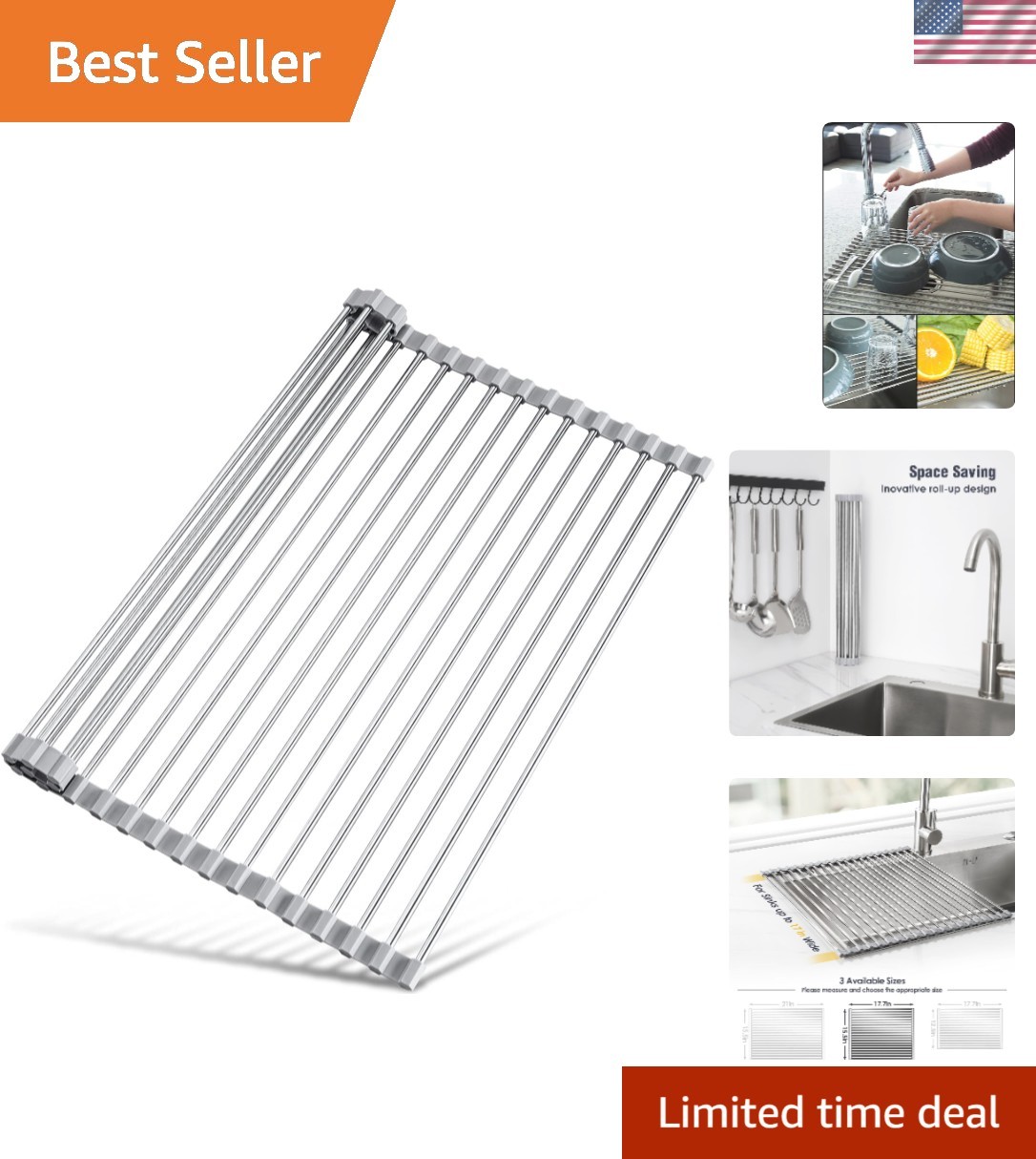 Elegant 17.7" x 15.5" Roll Up Dish Drying Rack - Stylish Stainless Steel Design