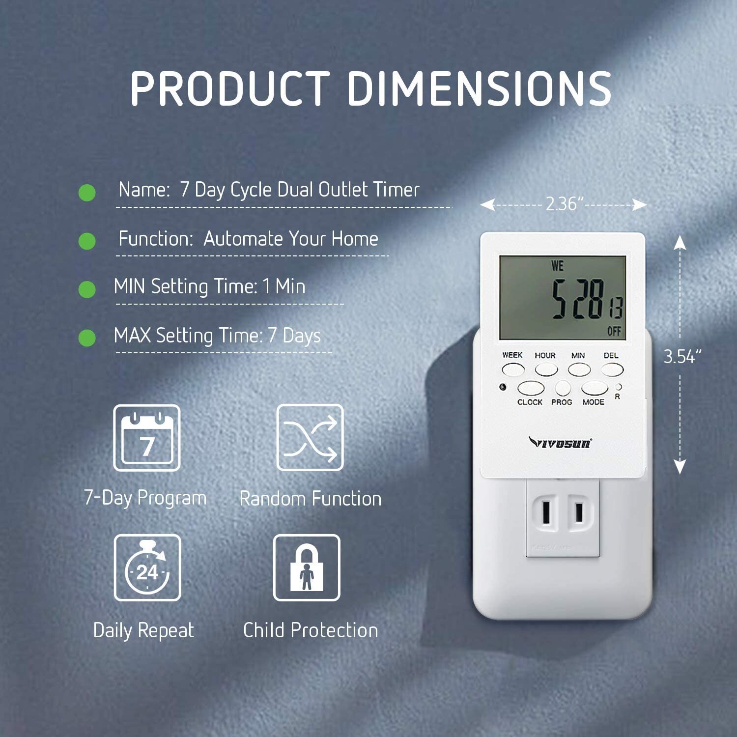 7 Day Timer Digital Programmable Electric Timer Indoor with Dual Outlet Switch