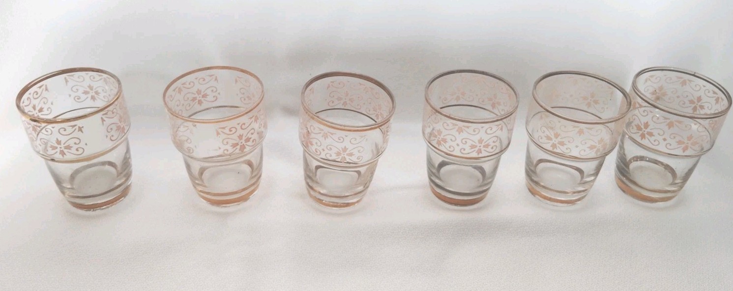MCM Floral Design Flower Pot shaped Shot Glass Gold Rimmed Set Of Six
