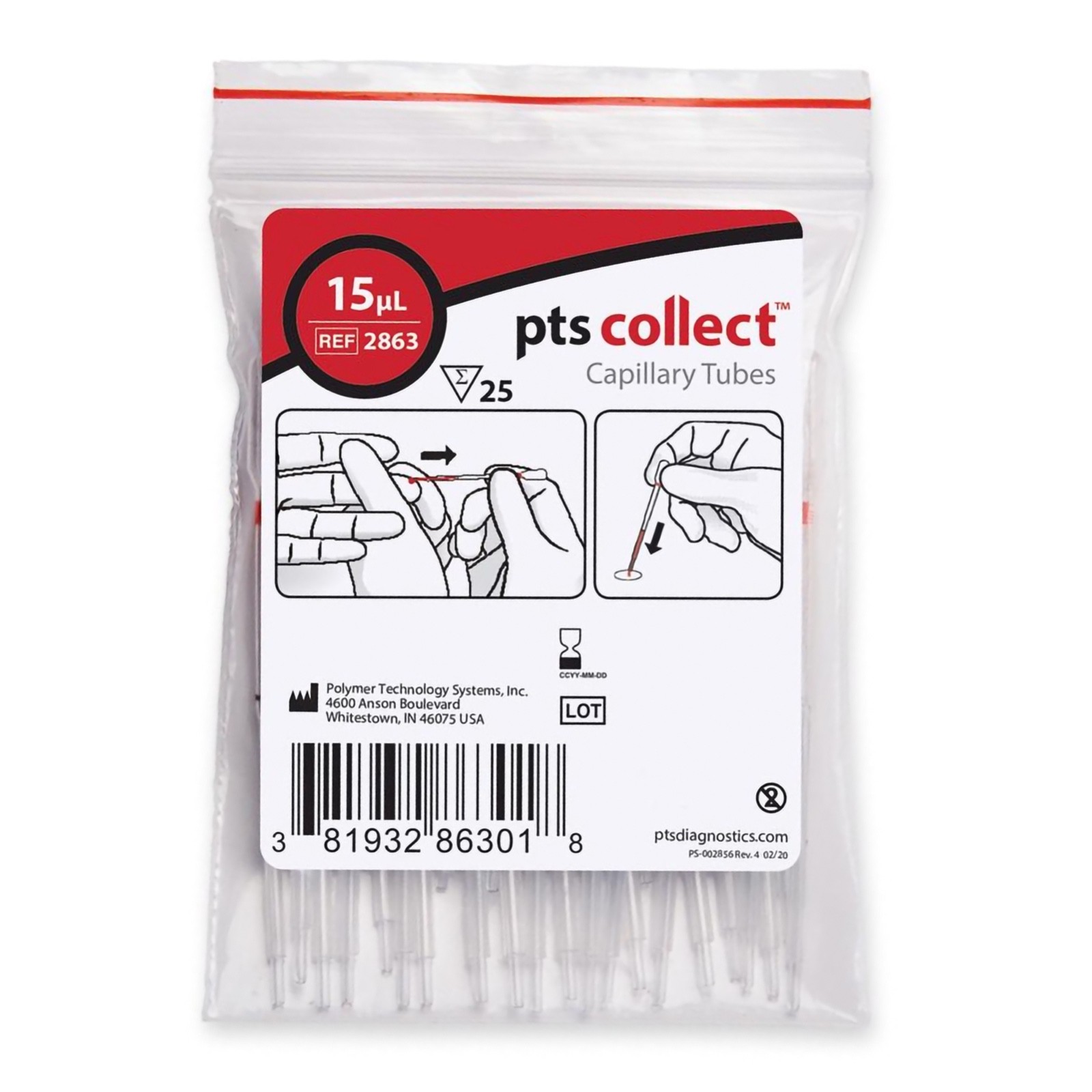 PTS Collect Capillary Blood Collection Tubes 2863 RED Micro-hematocrit, 50/Pack