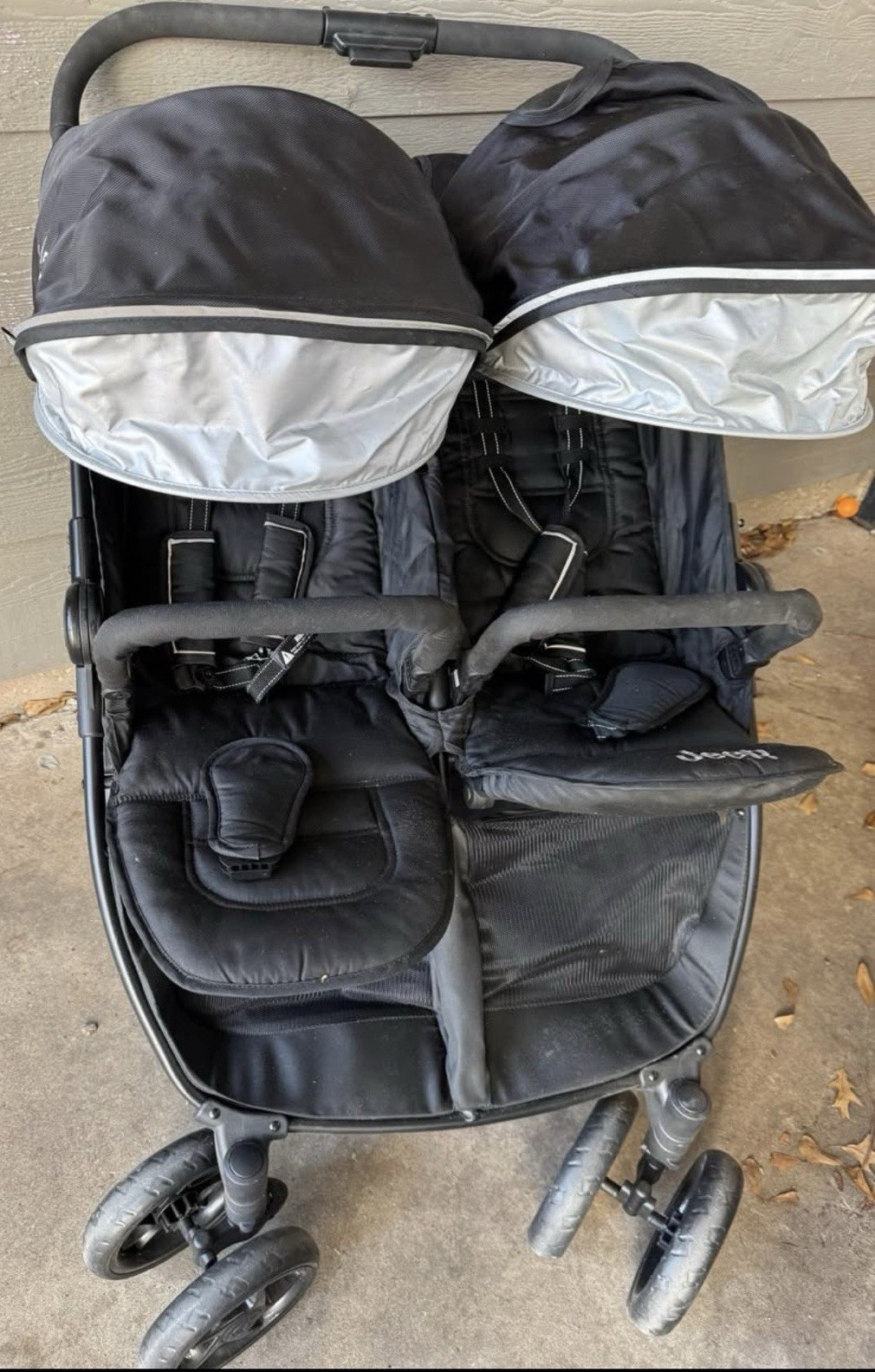 Jeep Double Stroller Black Gray Folding Five Point Harness Infant Toddler