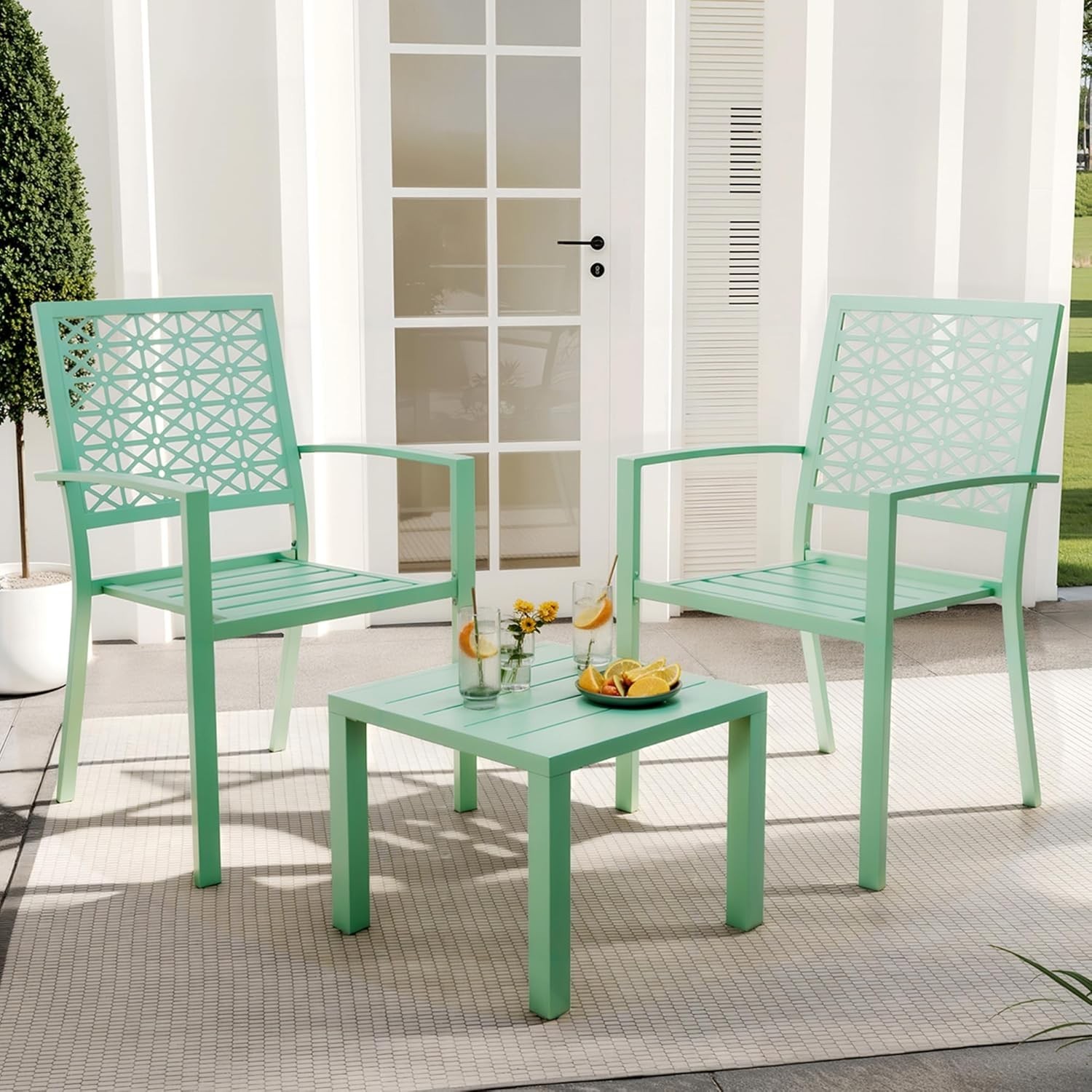 3 Pieces Patio Furniture Set Metal Outdoor Furniture W/ 2 Chairs & Coffee Table