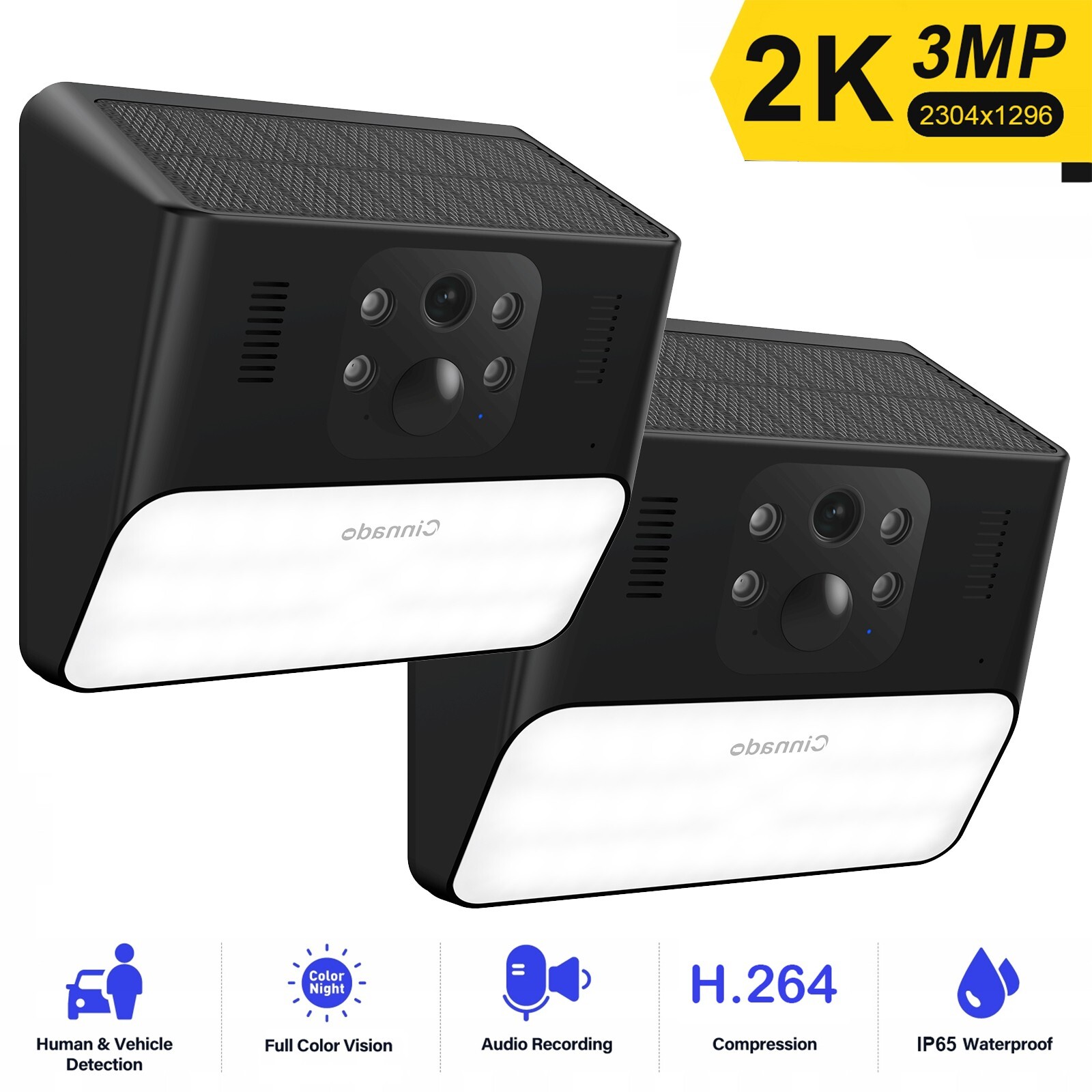 Cinnado 2K Solar Security Camera System Wall Light Wireless Outdoor AI Detection