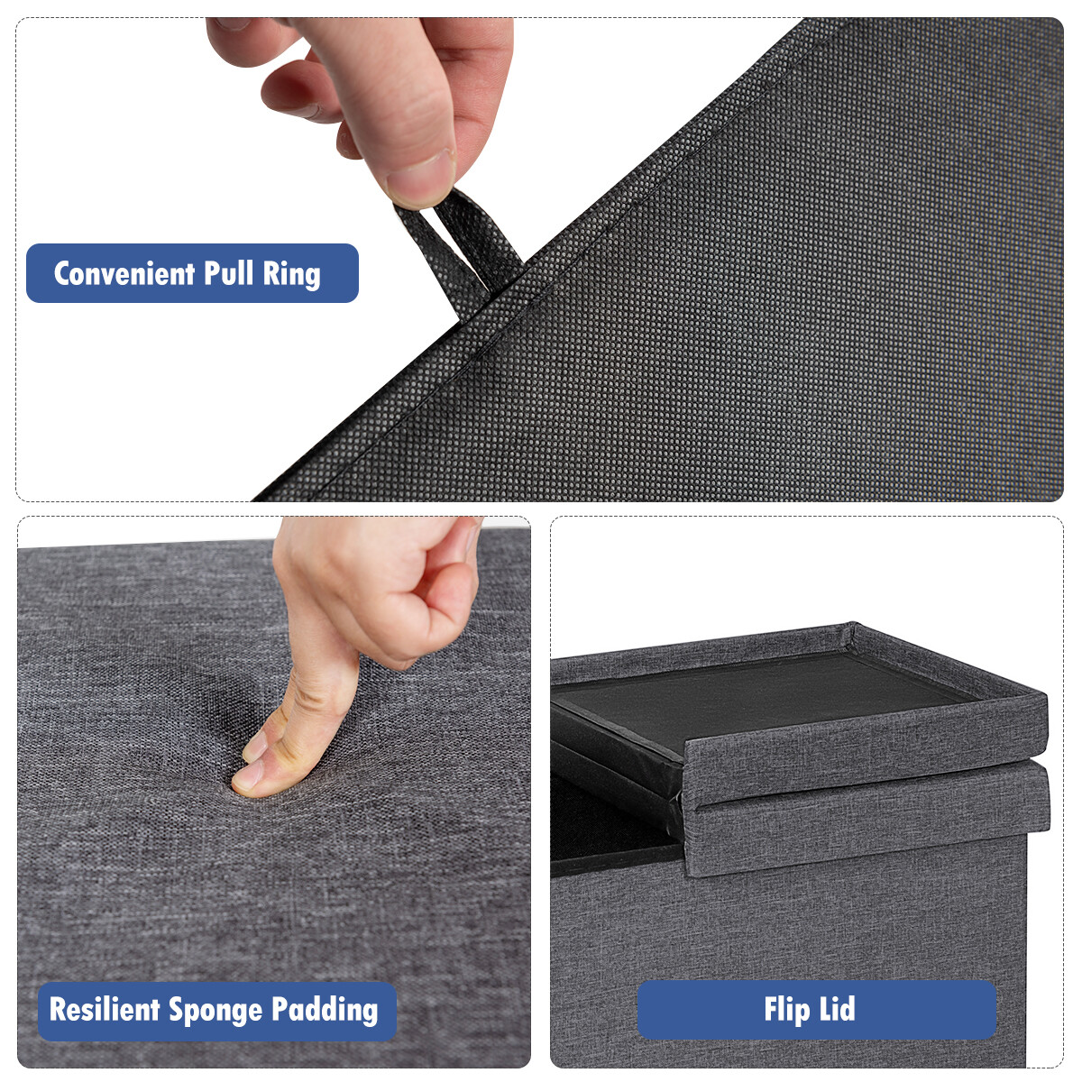 30" Folding Storage Ottoman W/Lift Top Bed End Bench 80L Storage Space Dark Grey