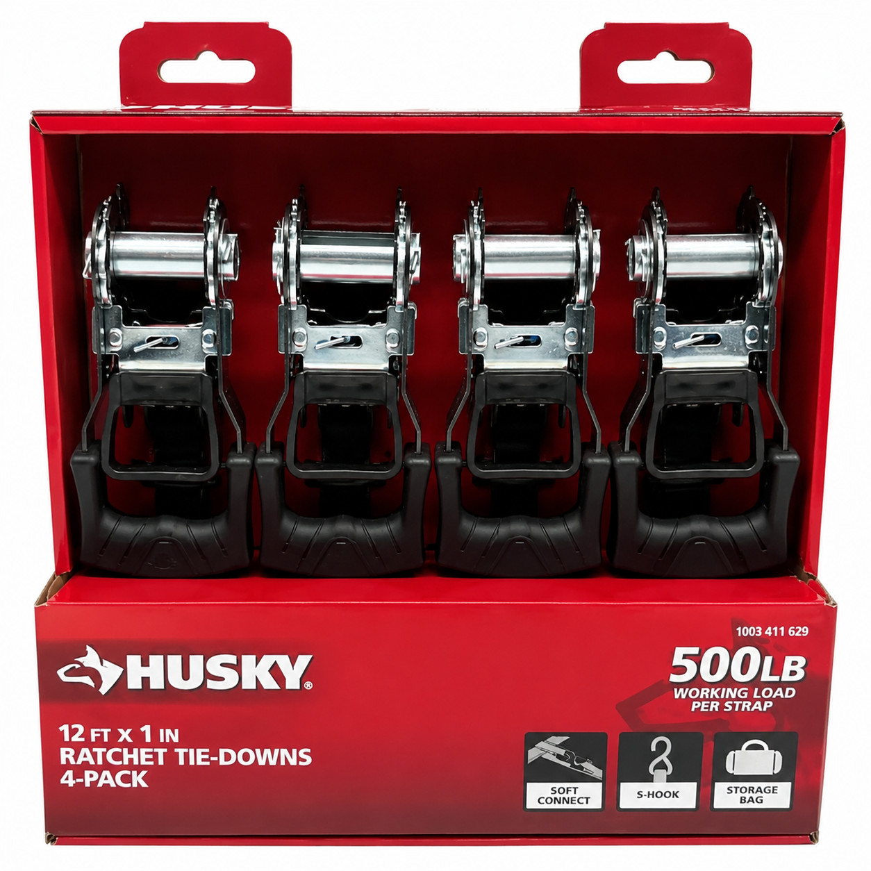 Husky 12 ft x 1 in Ratchet Tie Down Straps S-Hook Heavy Duty Cargo Straps 4-Pack