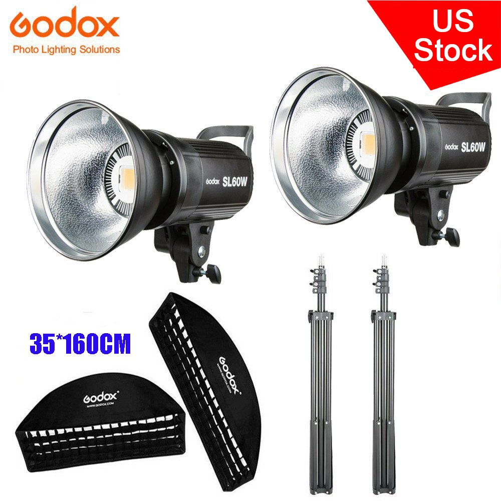 US 2*Godox SL-60W 5600K LED Video Light+35*160cm Grid Softbox 2m Light Stand Kit