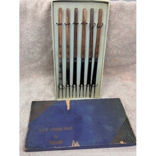 Vintage Puralum Fondue Fork Set of 6 Stainless Steel Wood Handle Japan MCM Box