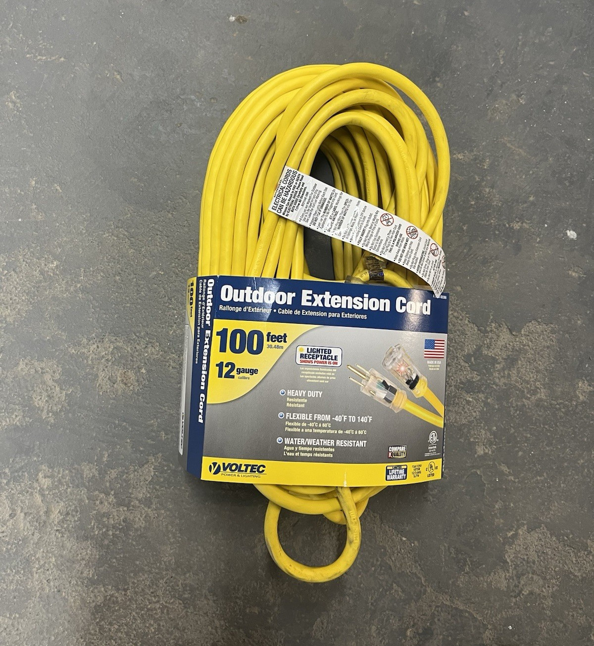 Voltec Outdoor Extension Cord 100 ft 12/3 Yellow Heavy Duty Lighted End