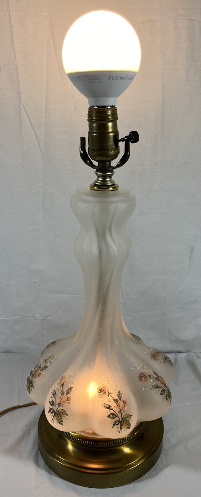 ANTIQUE 17” Hand Paintied Molded Glass Table Lamp Roses Light Brushed Finish VTG