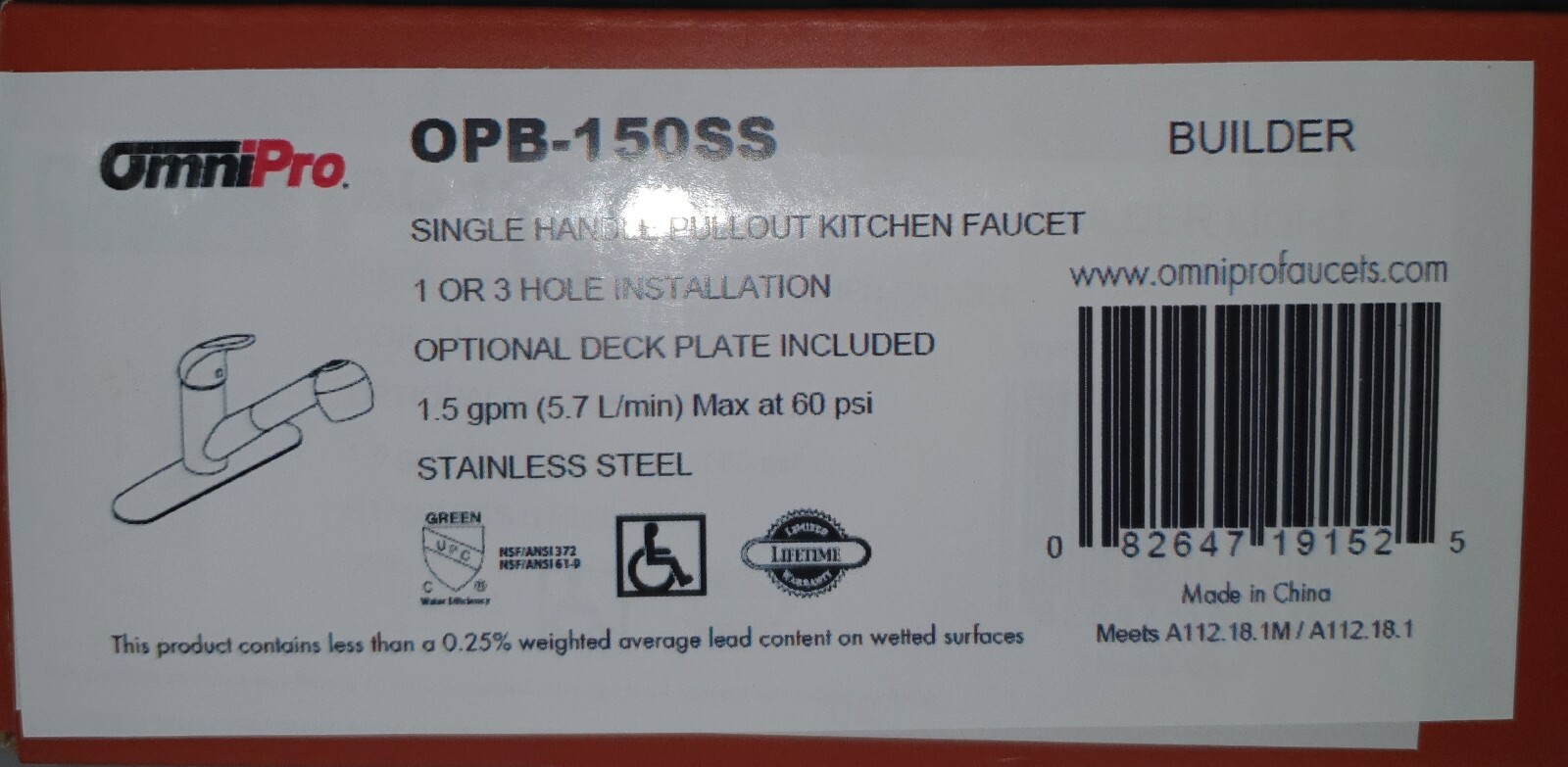 OmniPro OPB-150SS Single Handle Pullout Kitchen Faucet 1-3 Hole Install