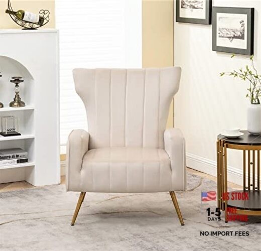 Modern Velvet Accent Chair, Channel Tufted Bedroom, Office or Living Beige