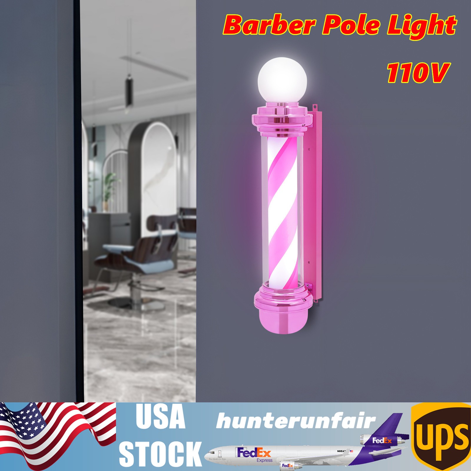 LED Rotating Barber Pole Light - Pink+White Stripes Barber Shop Hair Salon Sign