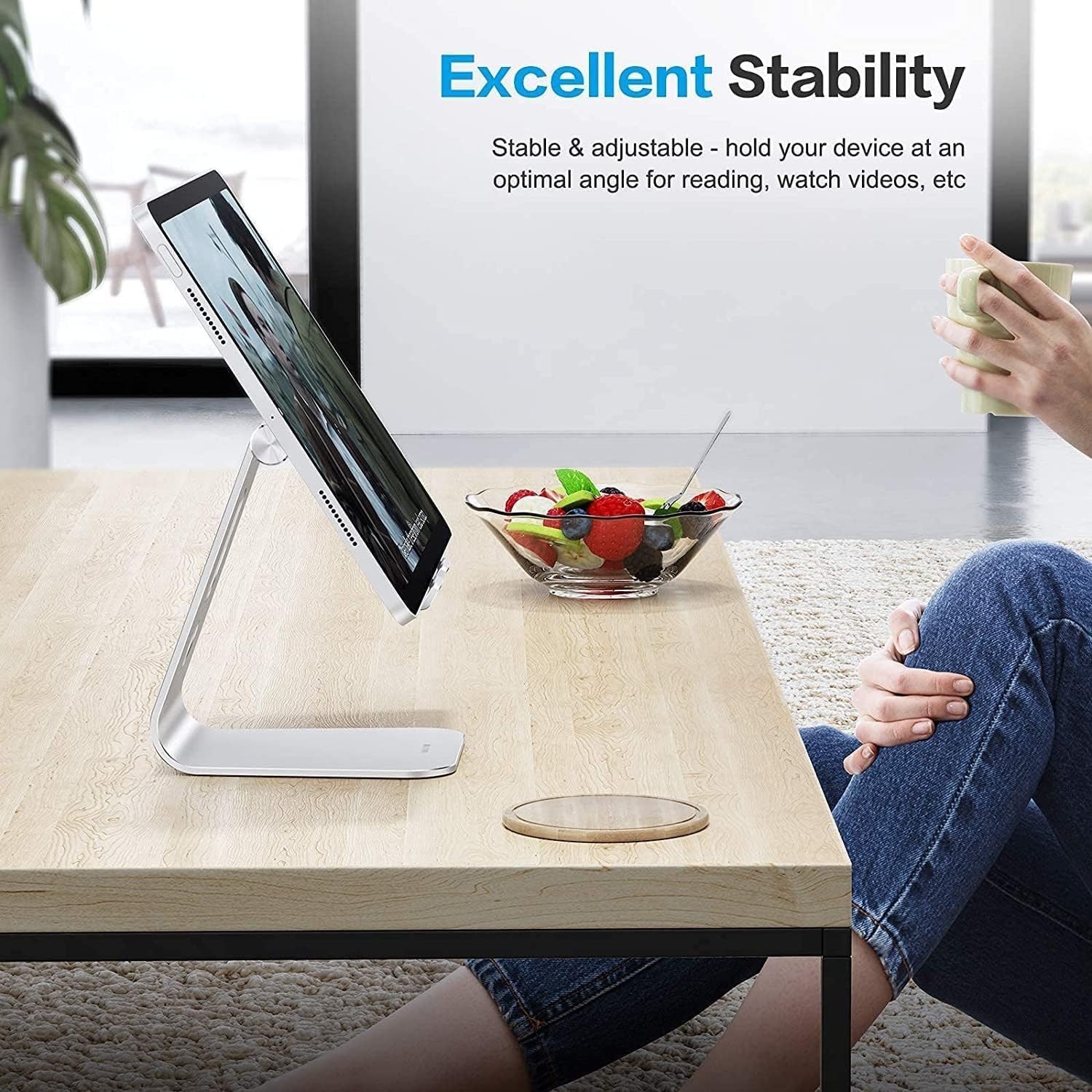 Adjustable Tablet Stand for Desk with Hollow Design & Enhanced Stability, Silver