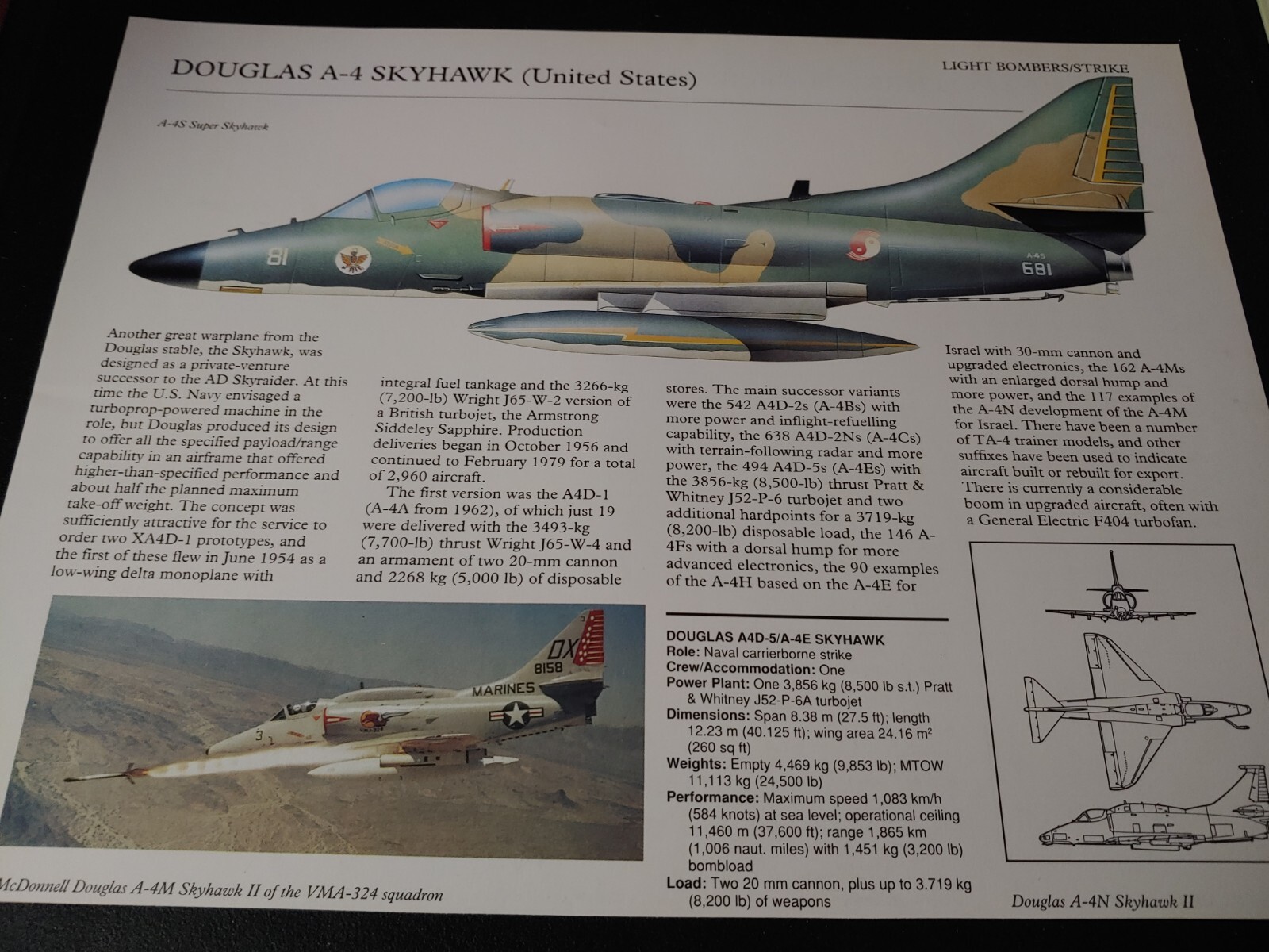 Douglas A-4 A 4 Skyhawk Aircraft Picture Out of Print Article Spec Sheet Decor