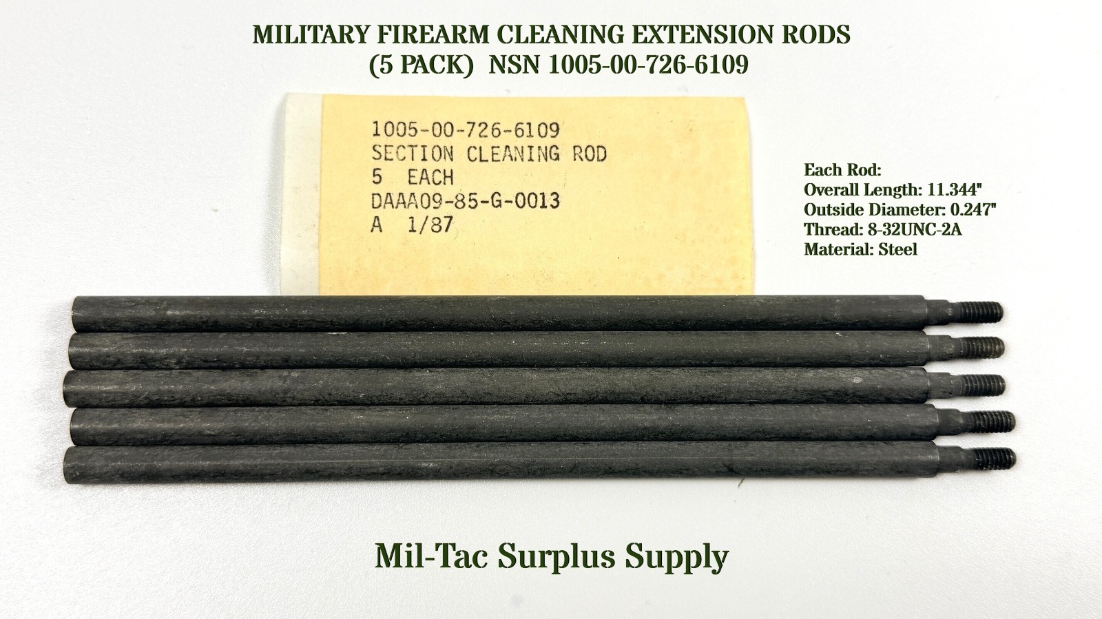 MILITARY FIREARM CLEANING EXTENSION RODS  (5 PACK)  NSN 1005-00-726-6109
