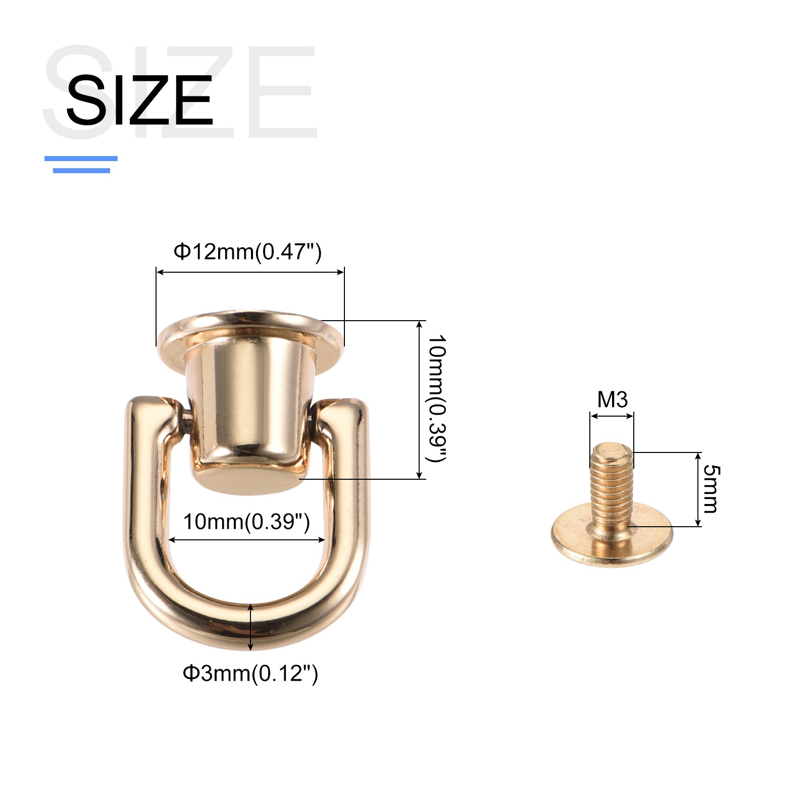D Ring Stud Screw Ball Post Head(12mm/0.47")4Pcs, Gold