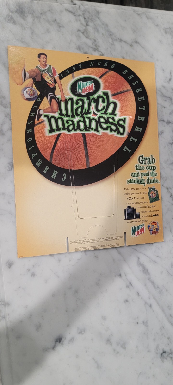 vintage march madness mountain dew cup holder display soda advertising