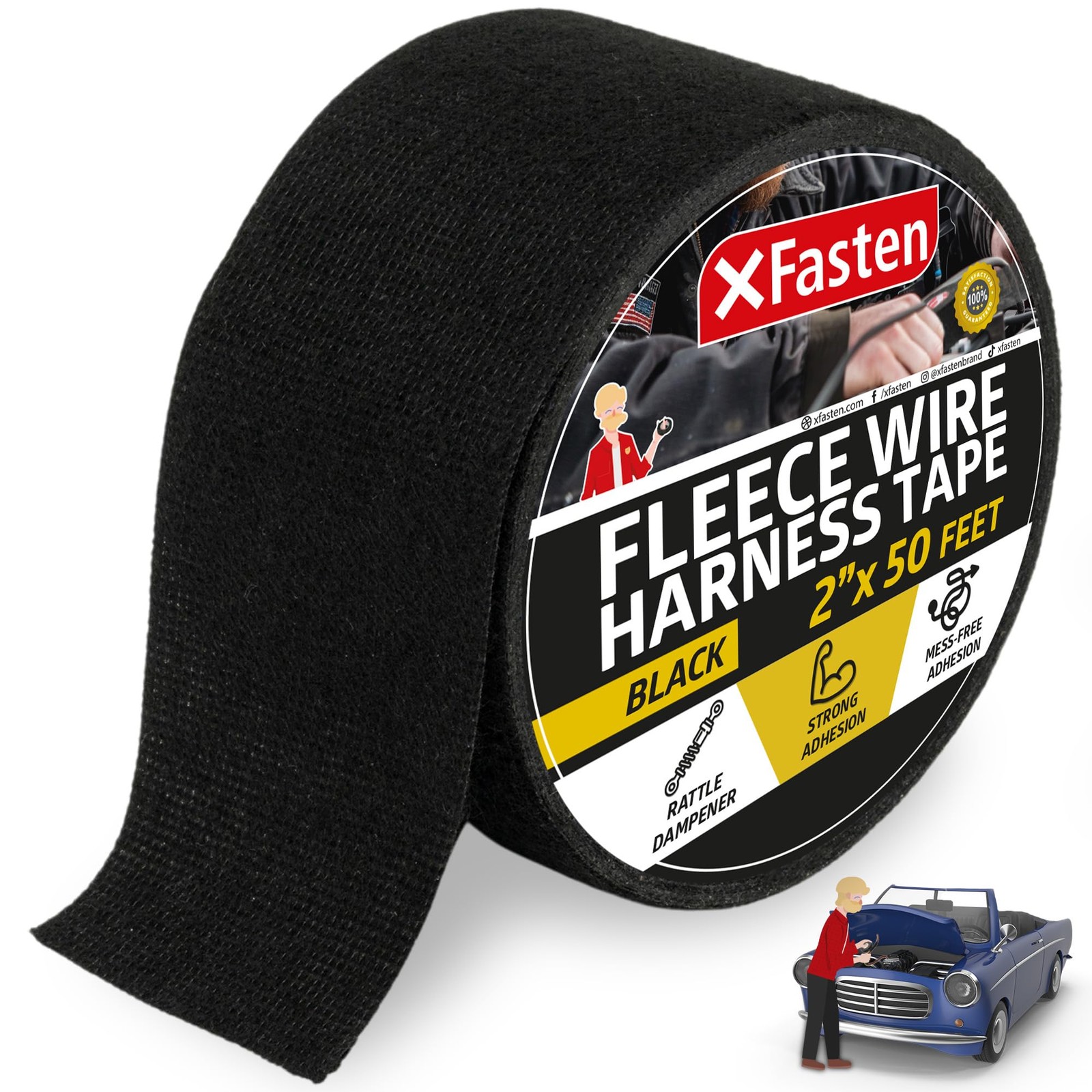 XFasten Wire Harness Tape 2 Inch x 50 ft Residue-Free Cloth Electrical Felt T...