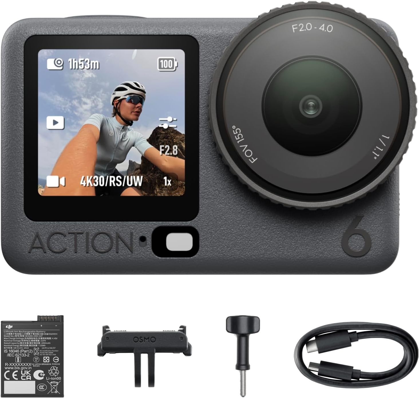 DJI Osmo Action 6 Standard Combo, 4K120fps, 1/1.1" Sensor, f/2-f/4, 4h Battery