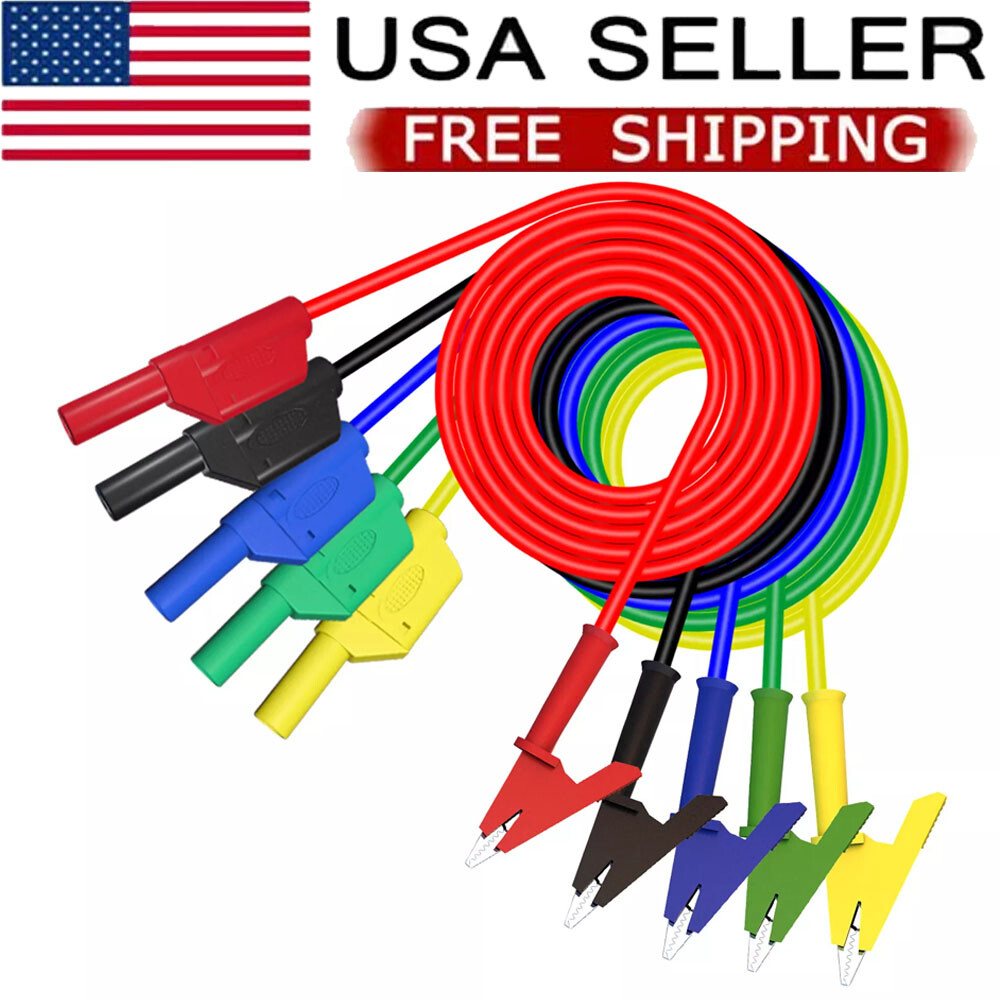 5PCS Safety Shrouded Banana Plug To Crocodile Alligator Clip Test Leads Cables