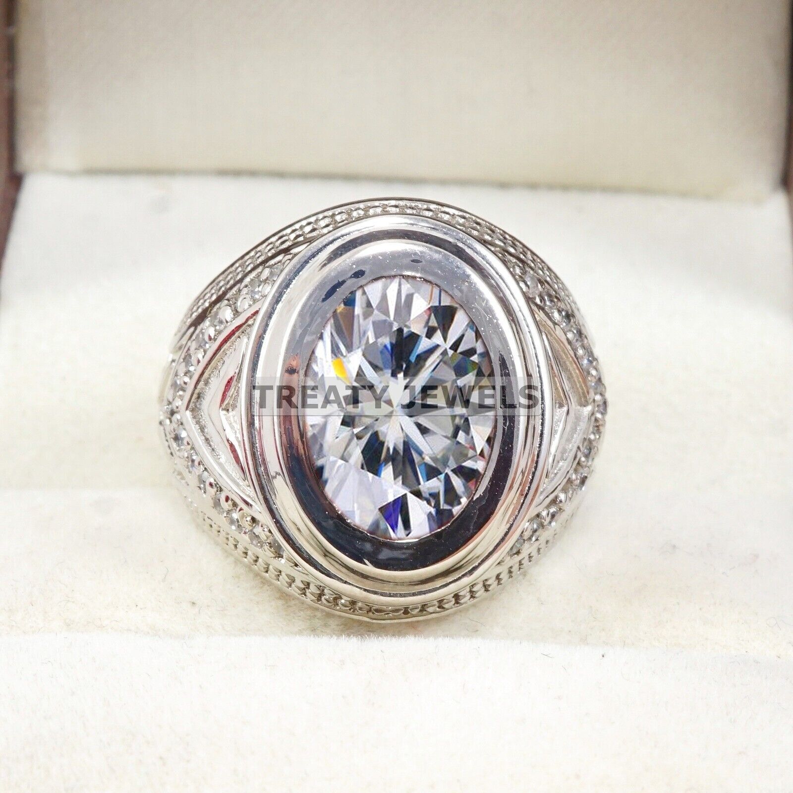 Moissanite Oval Cut Gemstone With 14K Solid White Gold Ring For Men's #B311