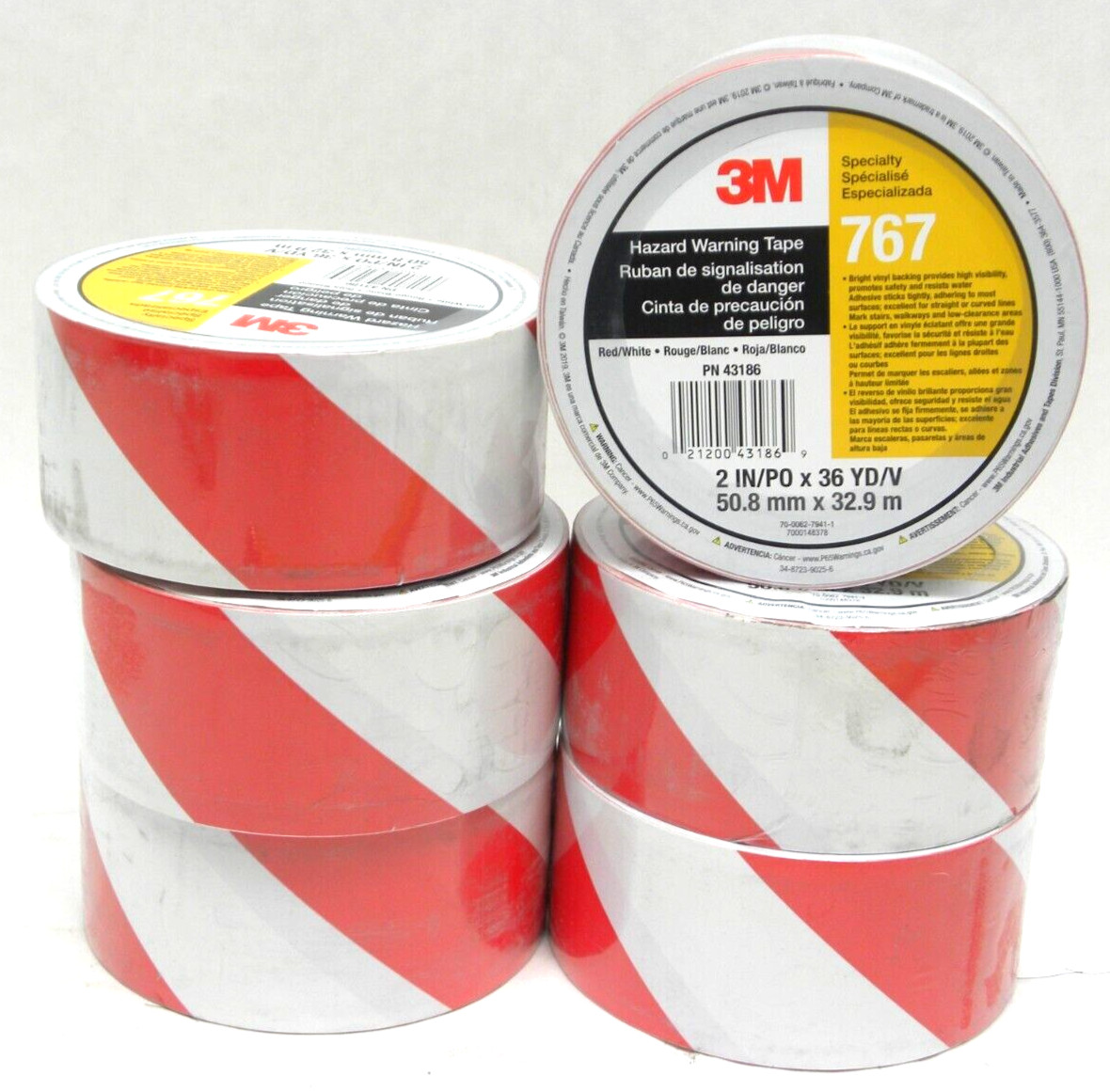 6 Rolls - 3M #767 Specialty Red White Safety Stripe Tape #43186, 2" x 36 Yards